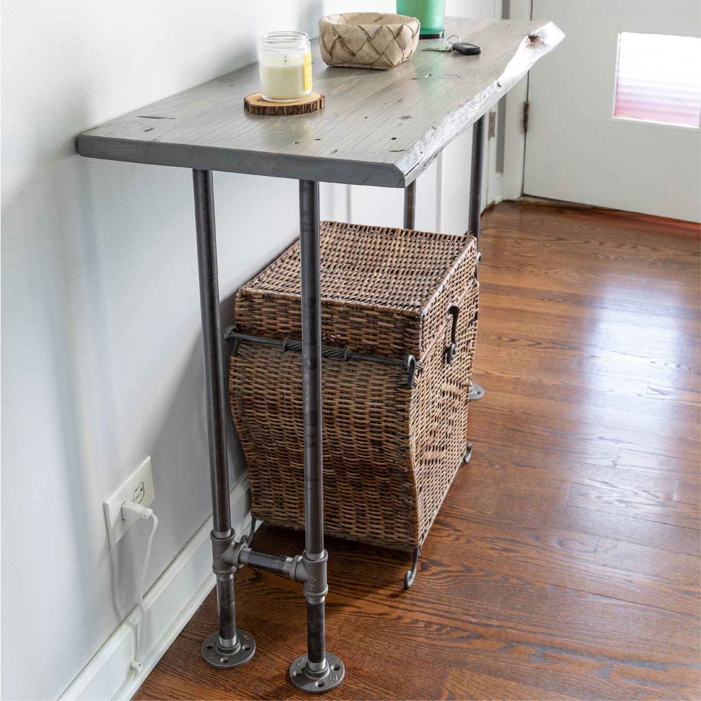 RESTORE Riverstone Grey Solid Live Edge Wood Console Table PIPE DECOR