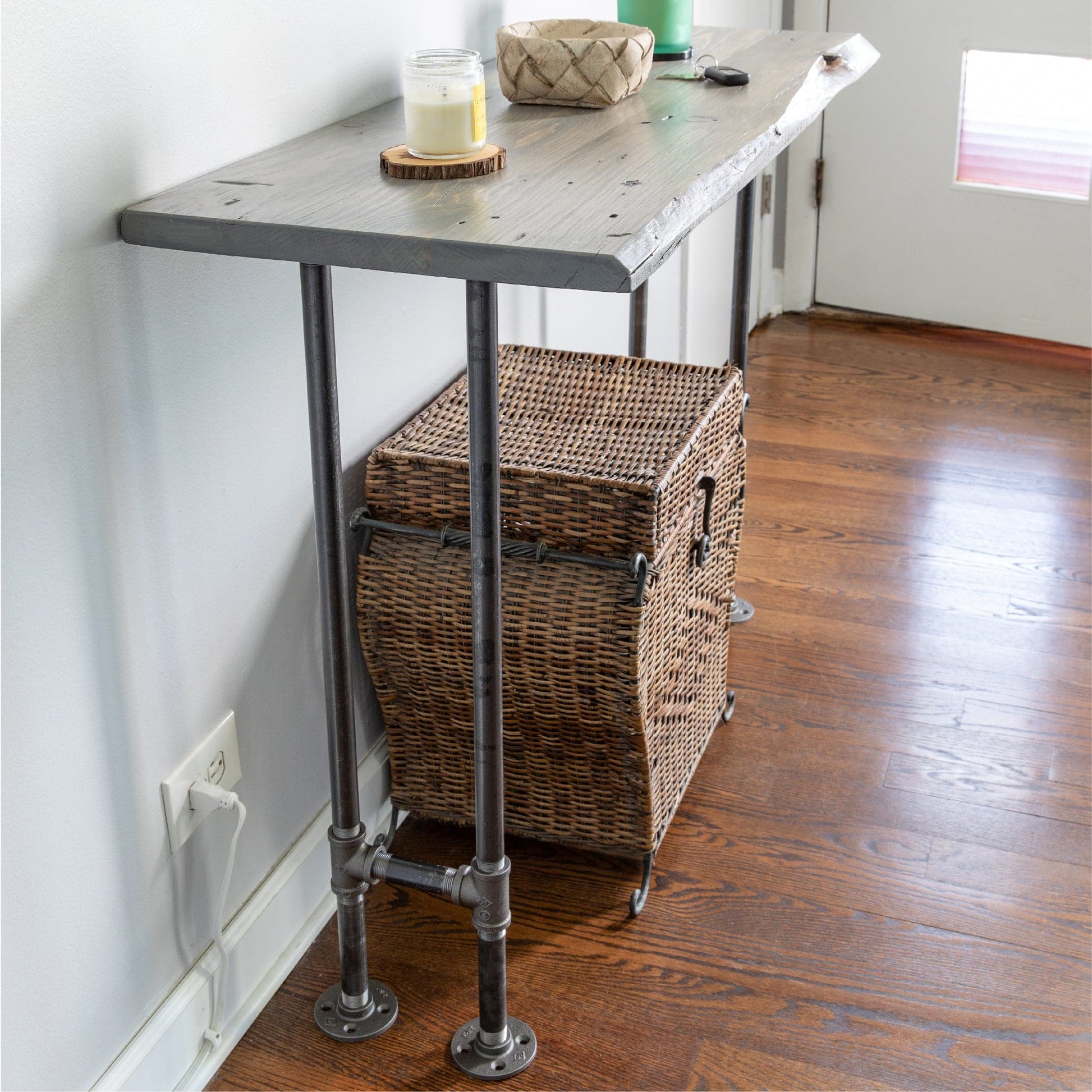RESTORE Riverstone Grey Solid Live Edge Wood Console Table PIPE DECOR