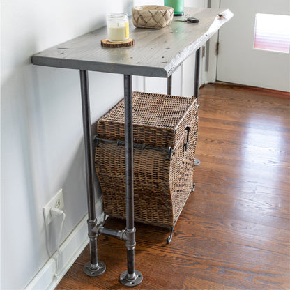 RESTORE Riverstone Grey Solid Live Edge Wood Console Table PIPE DECOR