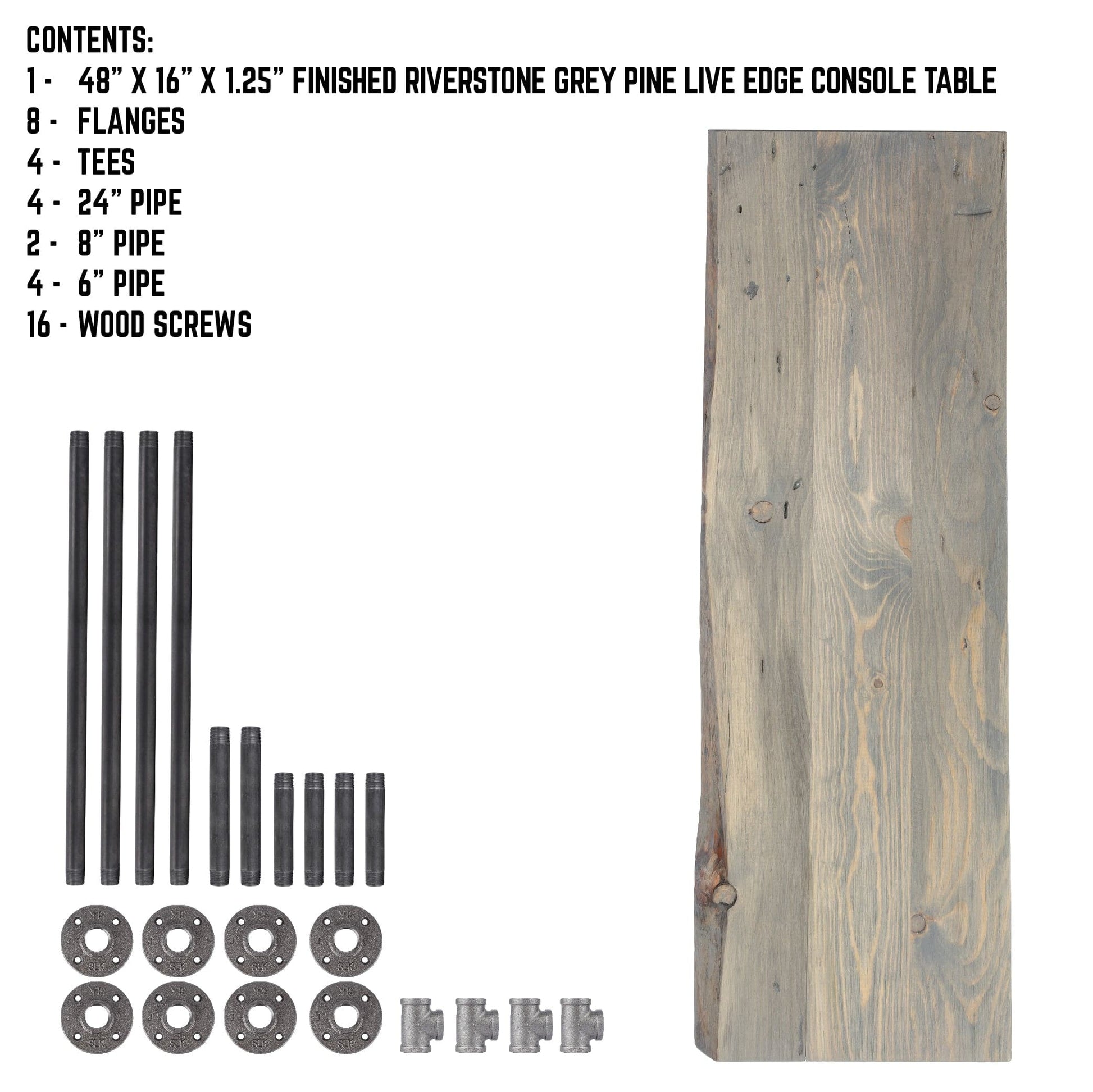 RESTORE Riverstone Grey Solid Live Edge Wood Console Table PIPE DECOR