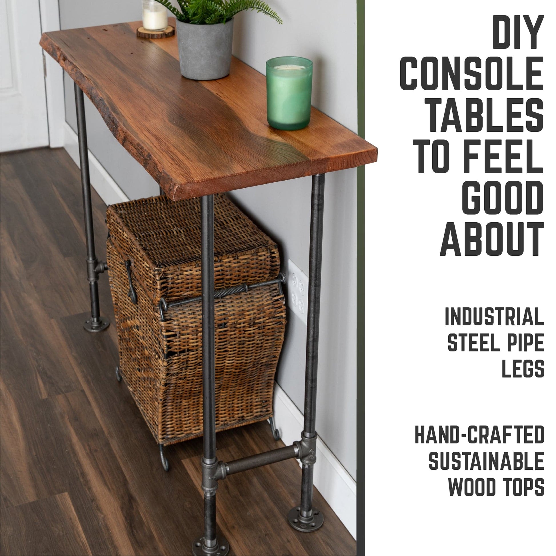 RESTORE Sunset Cedar Solid Live Edge Wood Console Table PIPE DECOR