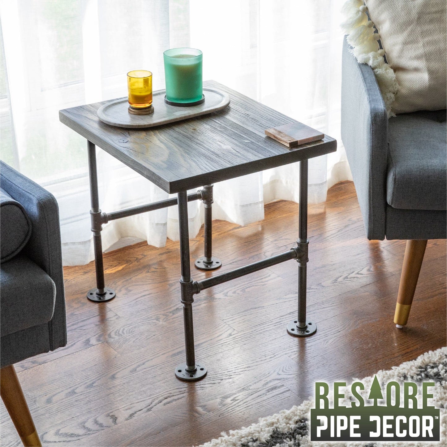 RESTORE Boulder Black Solid Wood End Table PIPE DECOR