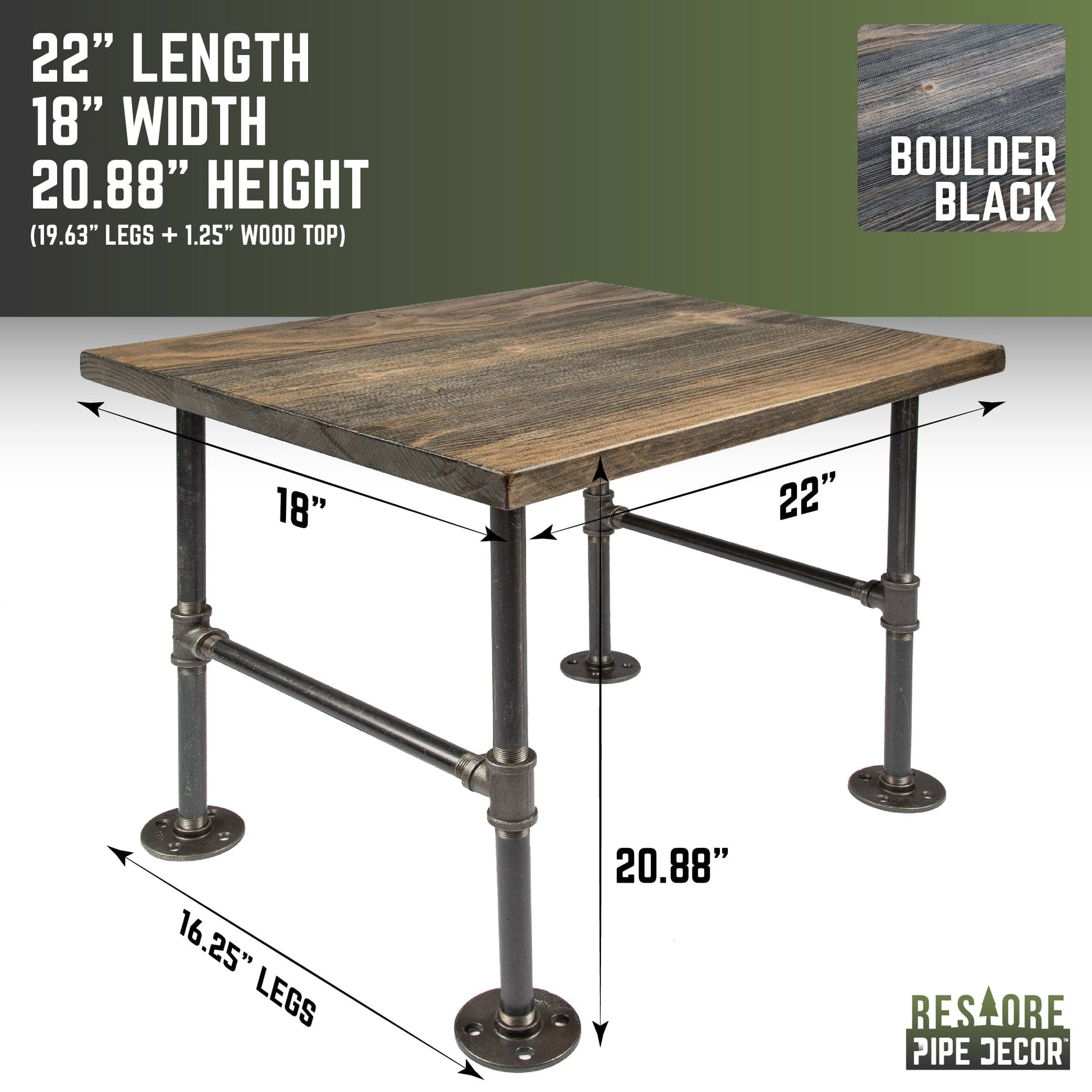 RESTORE Boulder Black Solid Wood End Table PIPE DECOR