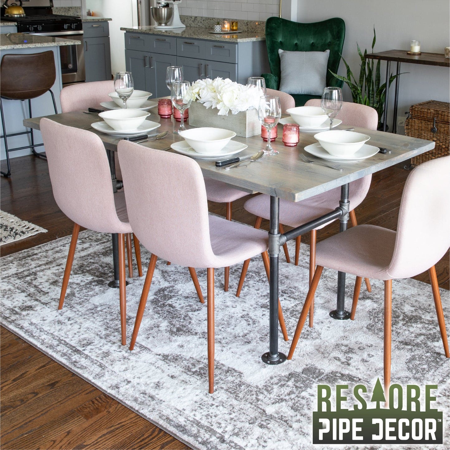 RESTORE Riverstone Grey Solid Wood Dining Table PIPE DECOR