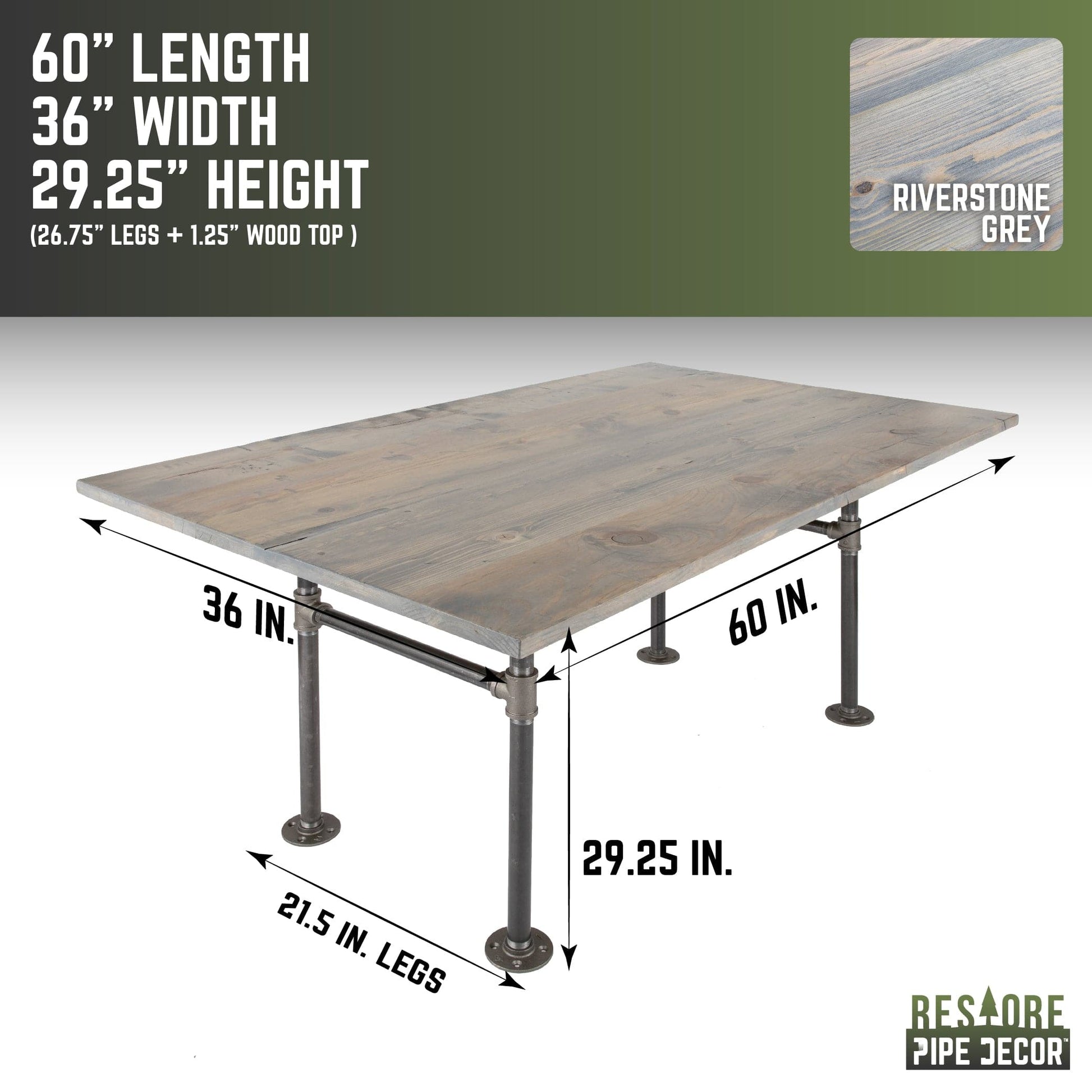 RESTORE Riverstone Grey Solid Wood Dining Table PIPE DECOR