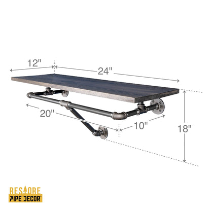 24 in. Wall Mounted Clothing Rack with Wood Shelf, Boulder Black PIPE DECOR