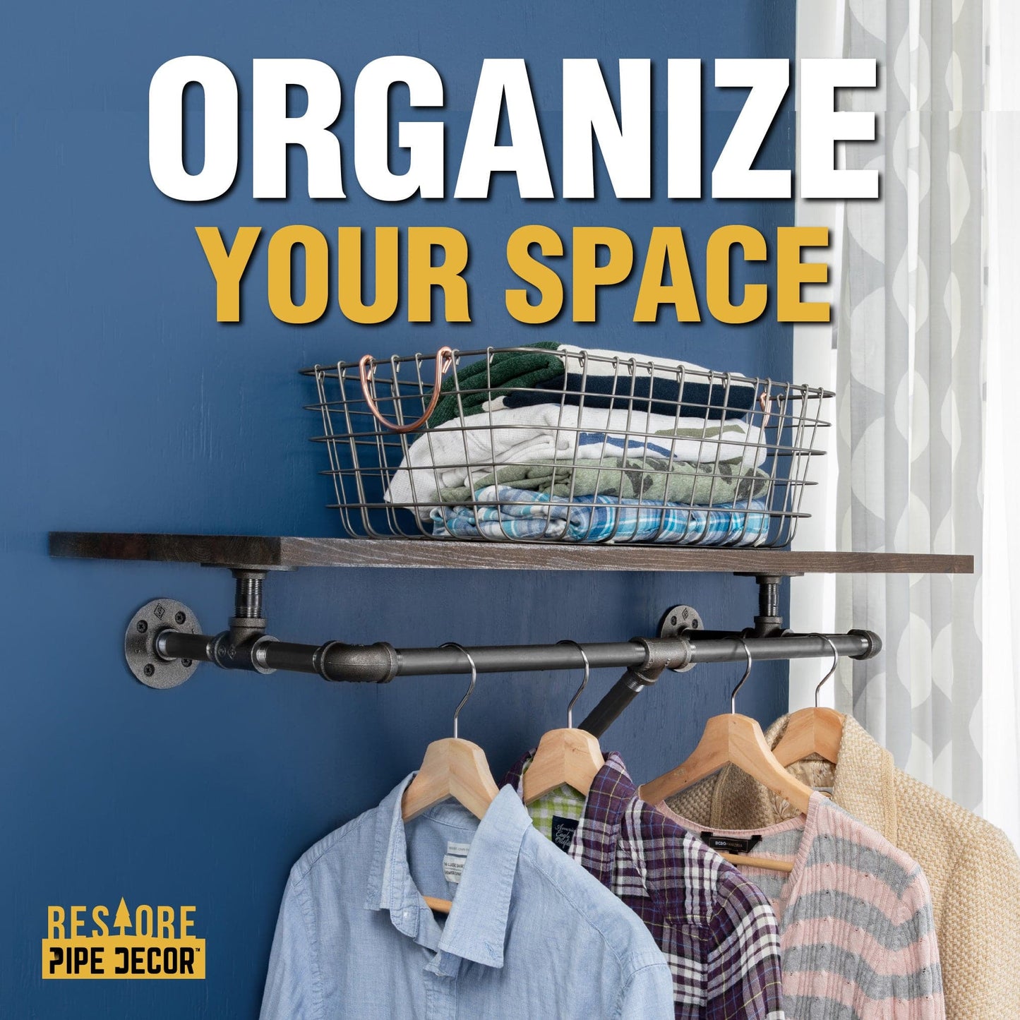 24 in. Wall Mounted Clothing Rack with Wood Shelf, Boulder Black PIPE DECOR