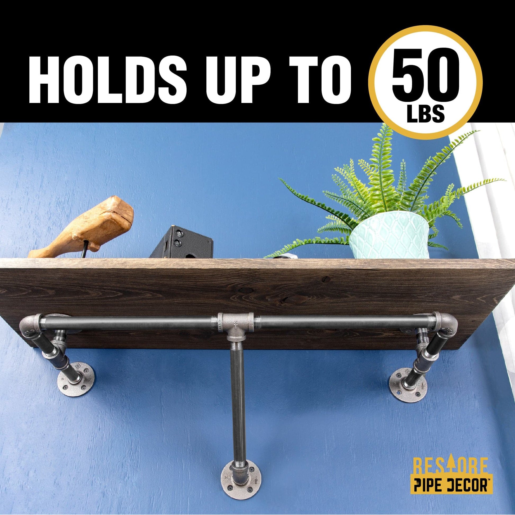 24 in. Wall Mounted Clothing Rack with Wood Shelf, Boulder Black PIPE DECOR