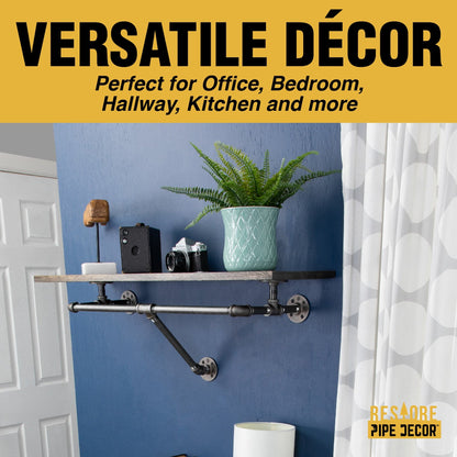 24 in. Wall Mounted Clothing Rack with Wood Shelf, Boulder Black PIPE DECOR