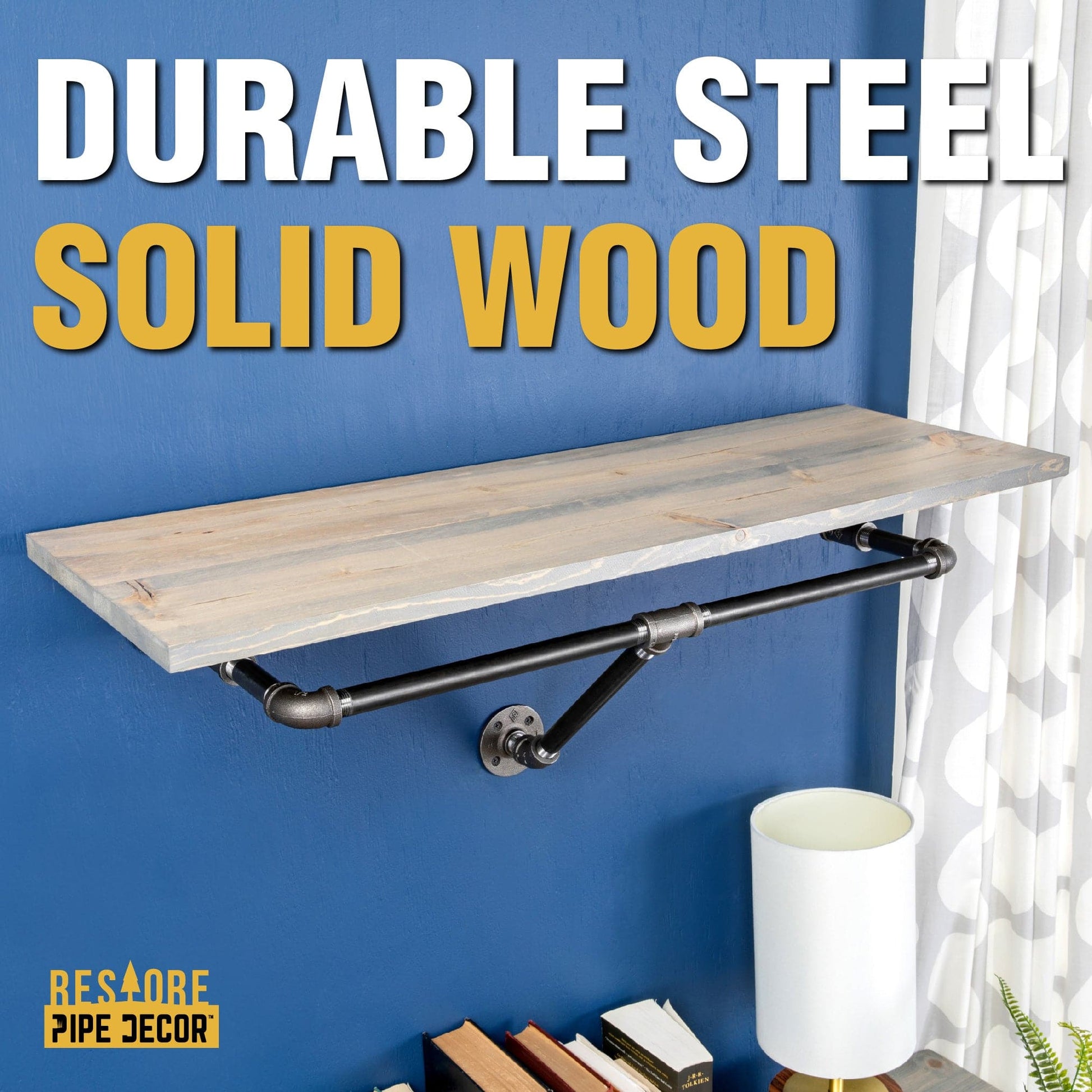 24 in. Wall Mounted Clothing Rack with Wood Shelf, Riverstone Grey PIPE DECOR