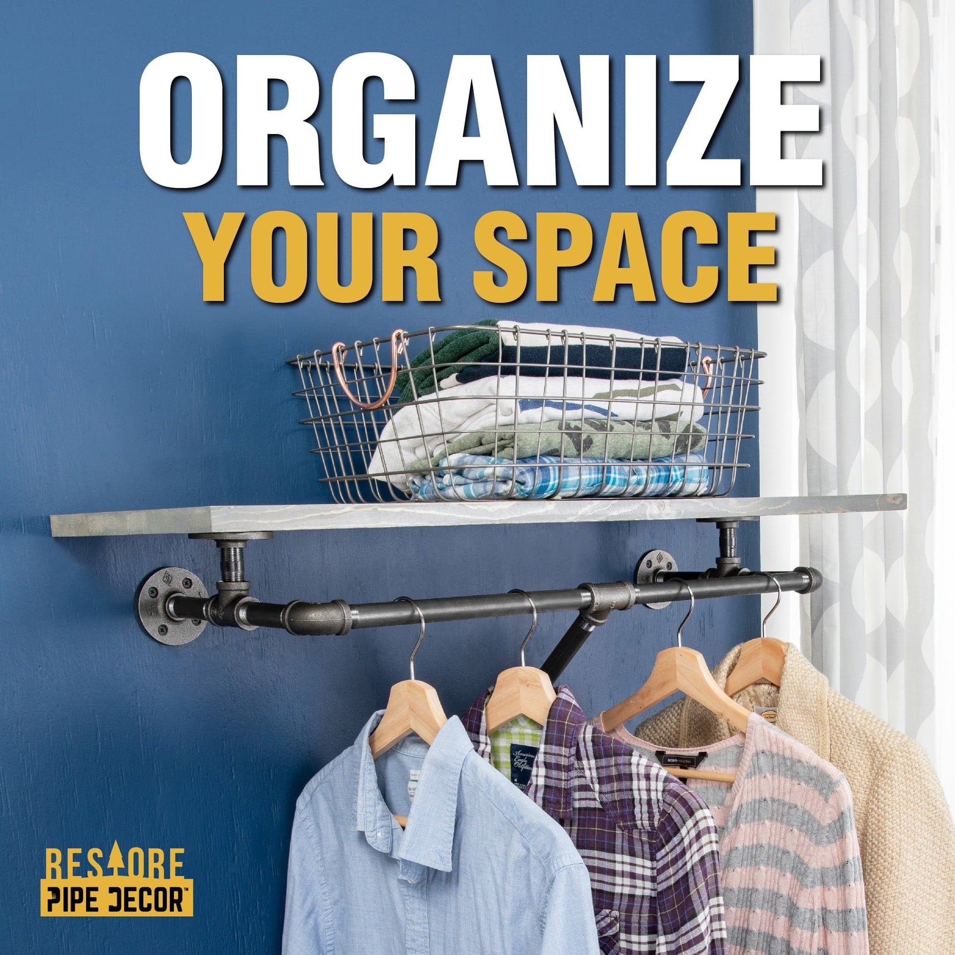 24 in. Wall Mounted Clothing Rack with Wood Shelf, Riverstone Grey PIPE DECOR