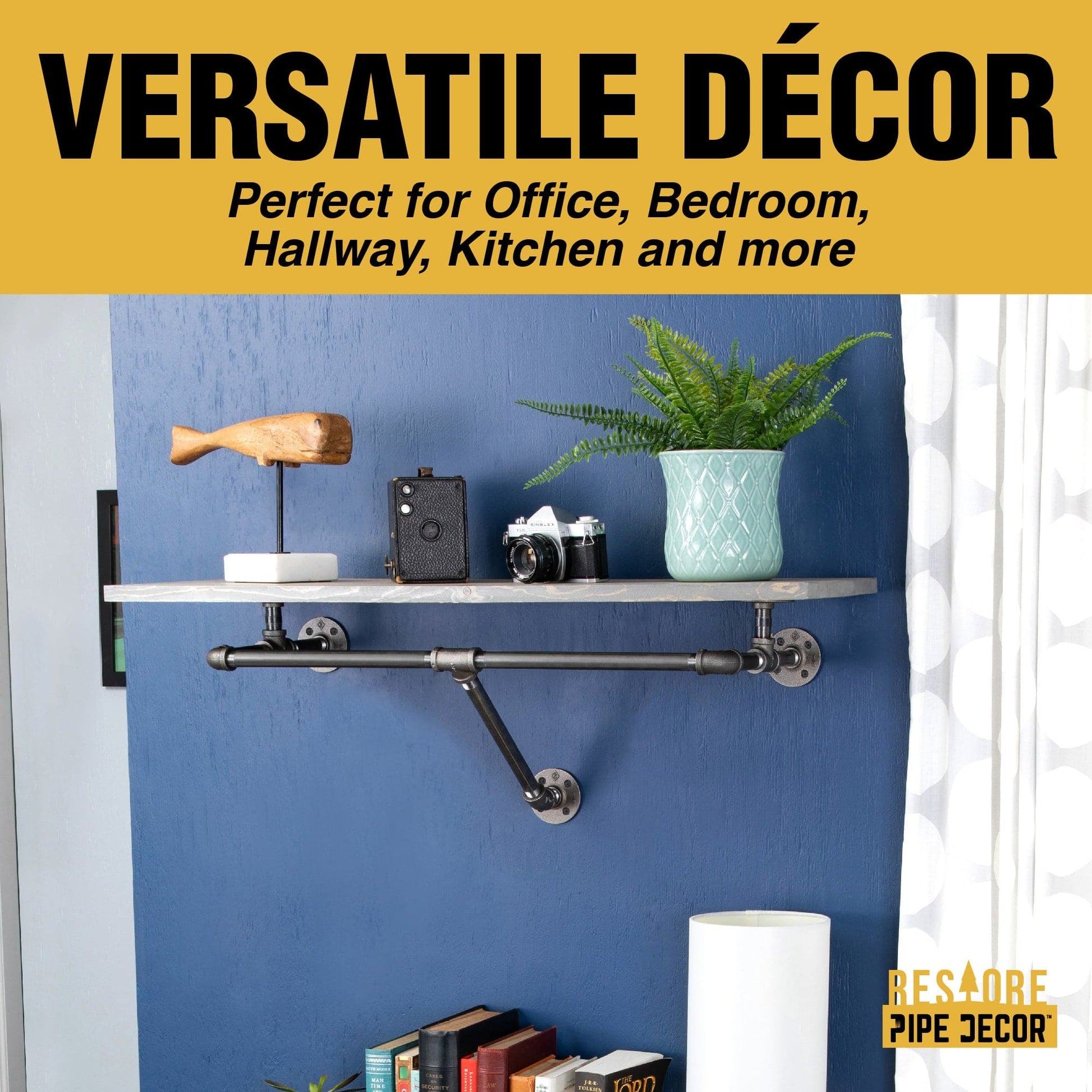 24 in. Wall Mounted Clothing Rack with Wood Shelf, Riverstone Grey PIPE DECOR