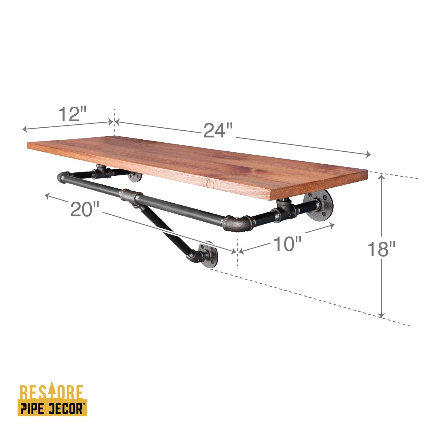 24 in. Wall Mounted Clothing Rack with Wood Shelf, Sunset Cedar PIPE DECOR