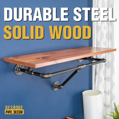 24 in. Wall Mounted Clothing Rack with Wood Shelf, Sunset Cedar PIPE DECOR
