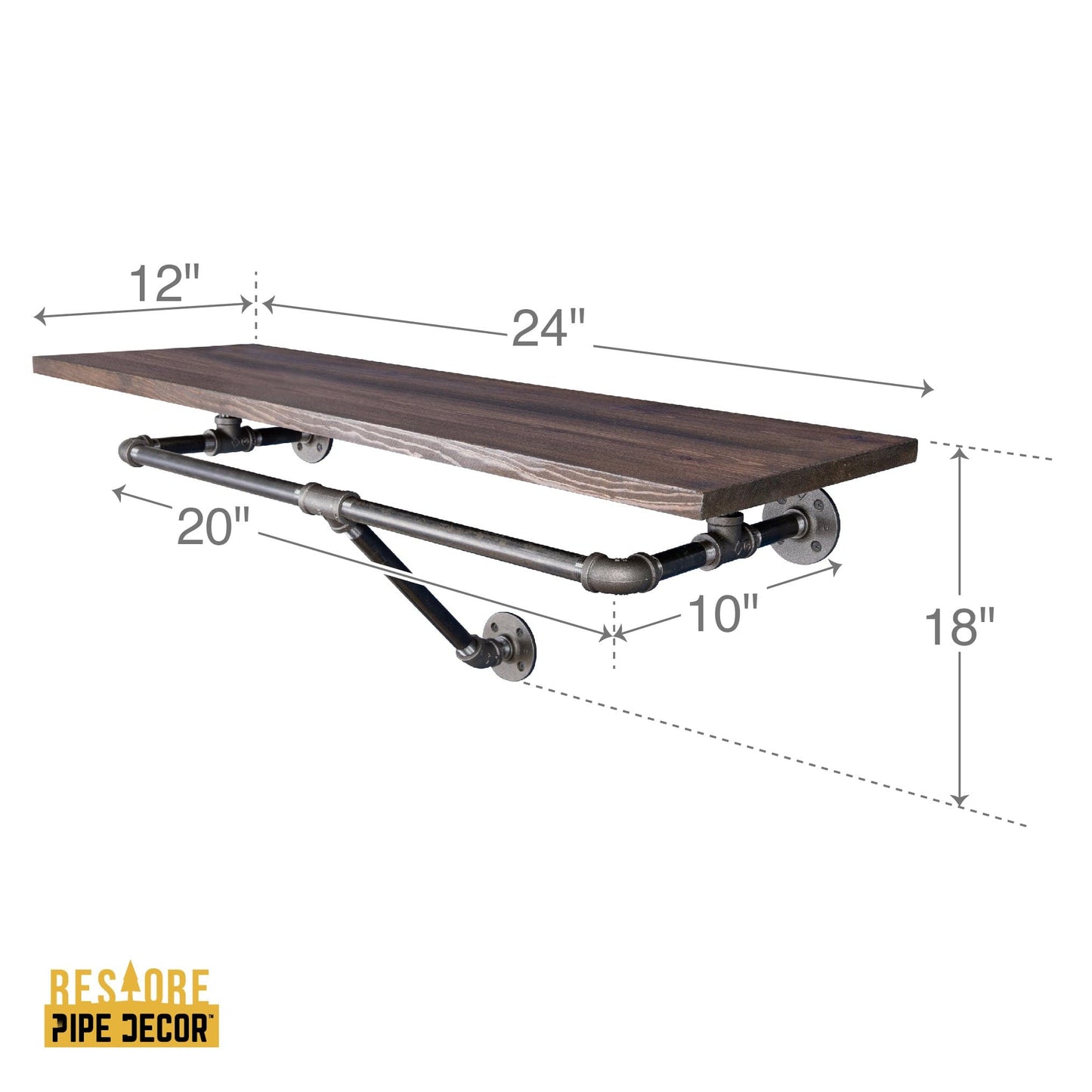 24 in. Wall Mounted Clothing Rack with Wood Shelf, Trail Brown PIPE DECOR