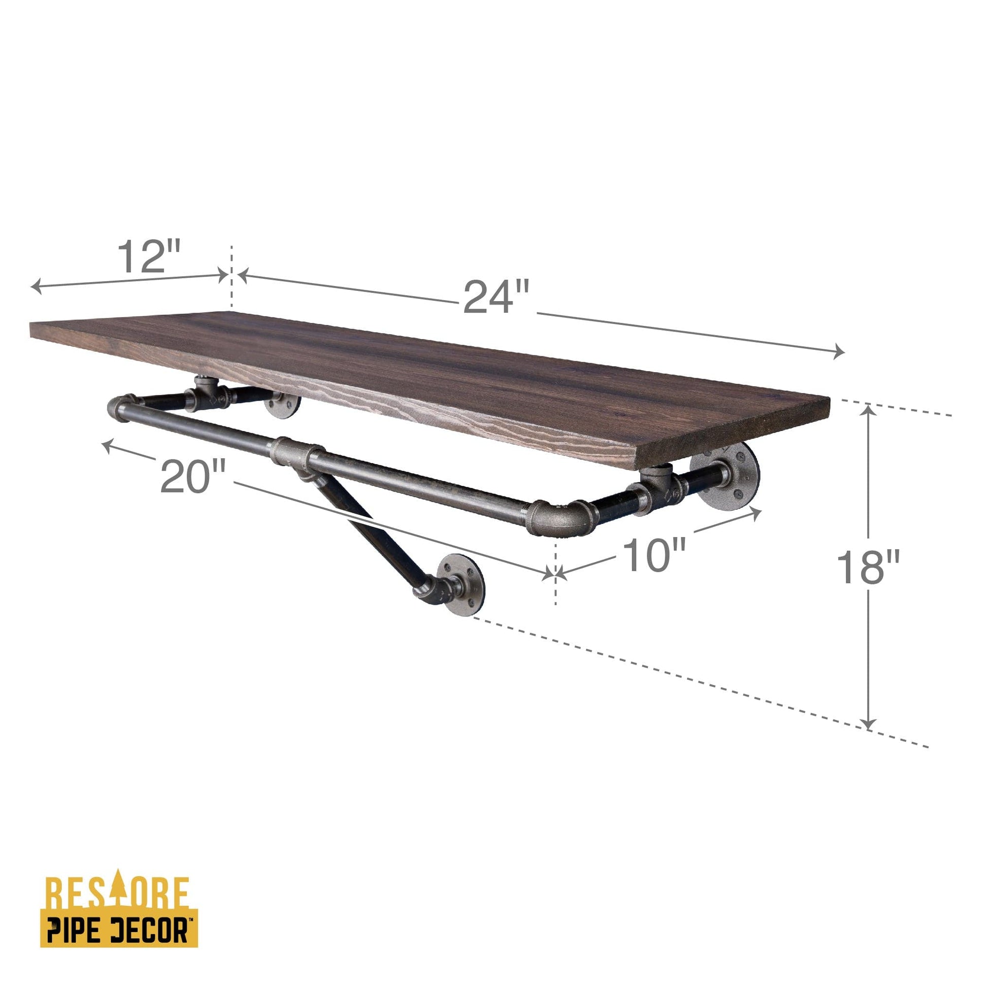 24 in. Wall Mounted Clothing Rack with Wood Shelf, Trail Brown PIPE DECOR