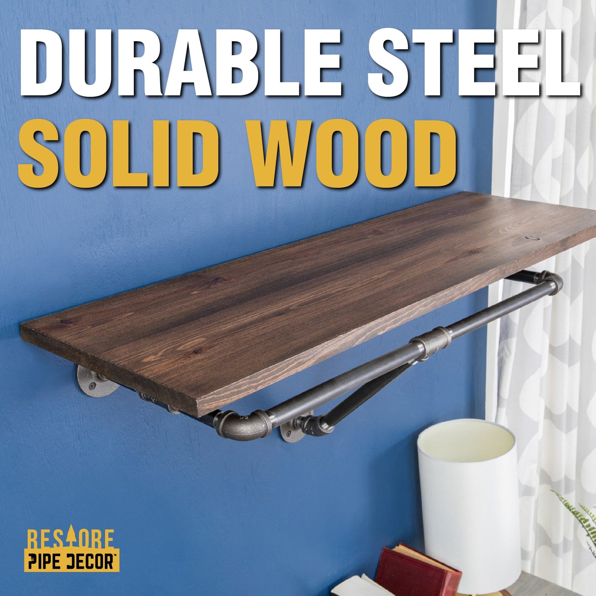 24 in. Wall Mounted Clothing Rack with Wood Shelf, Trail Brown PIPE DECOR