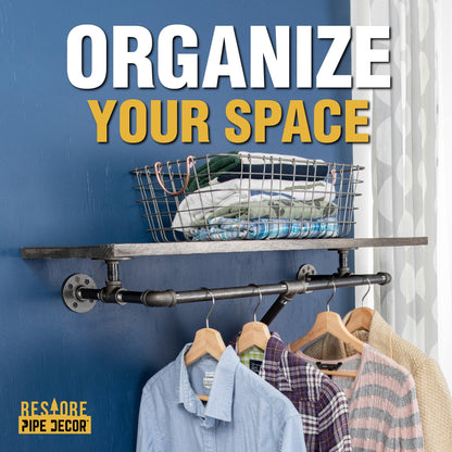 24 in. Wall Mounted Clothing Rack with Wood Shelf, Trail Brown PIPE DECOR