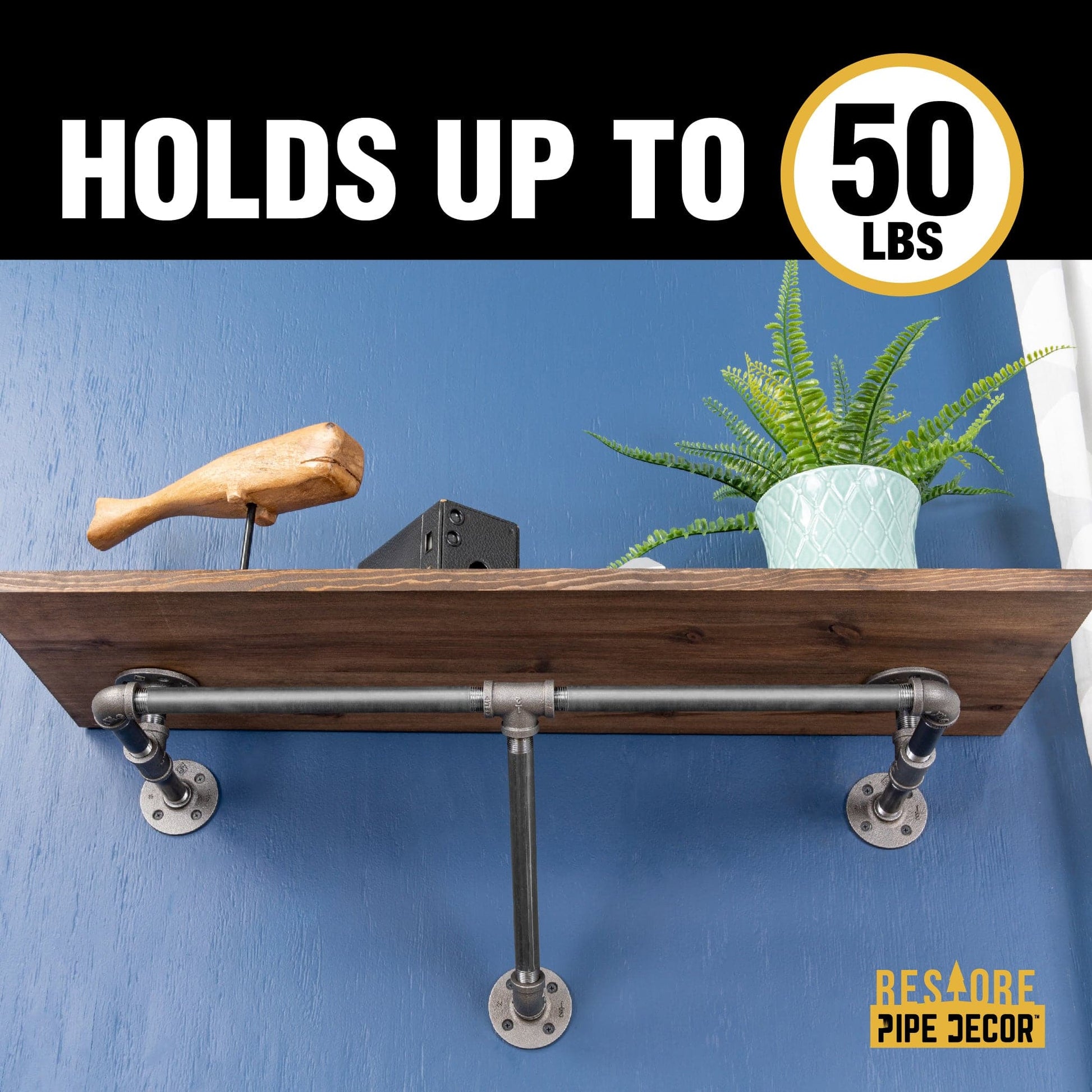 24 in. Wall Mounted Clothing Rack with Wood Shelf, Trail Brown PIPE DECOR