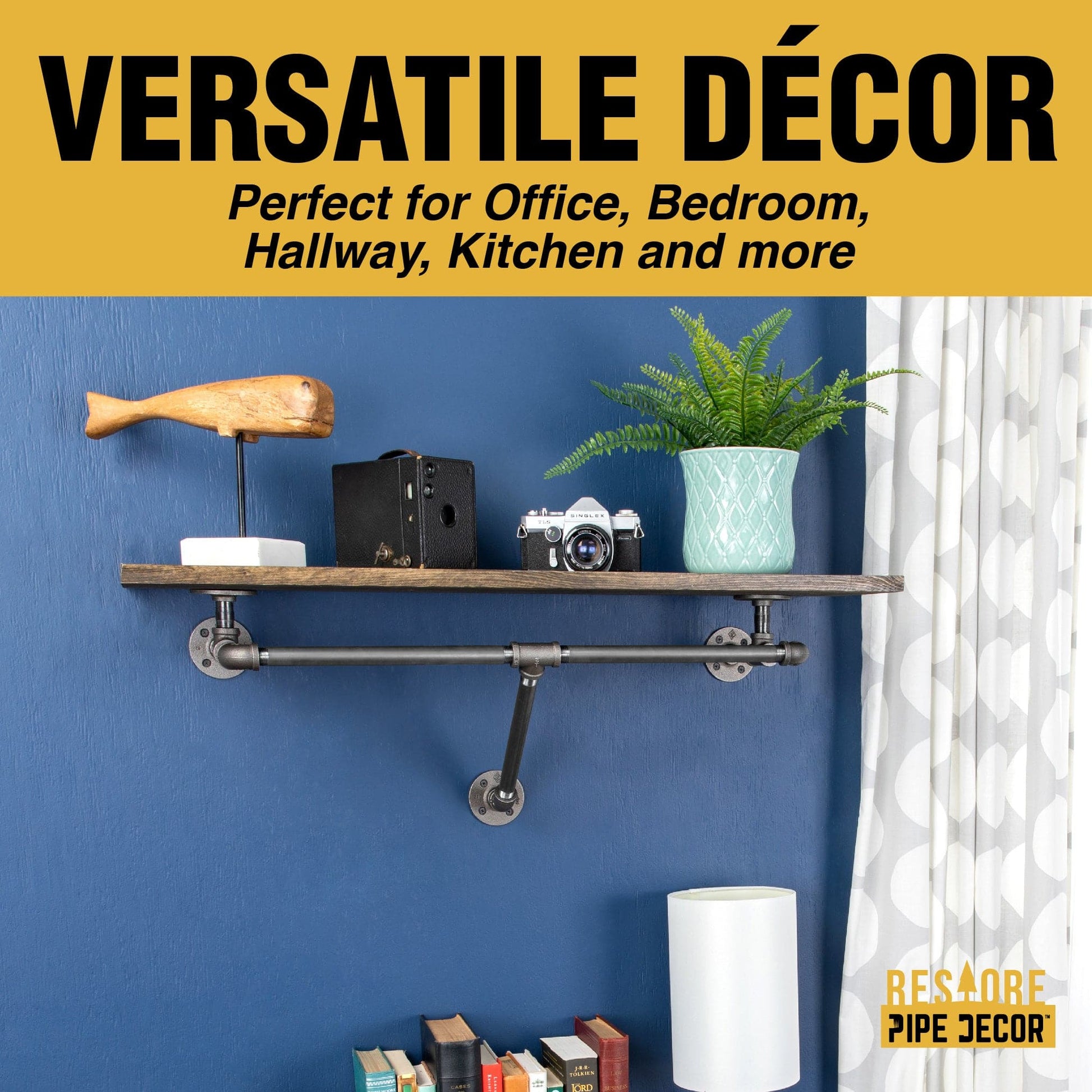 24 in. Wall Mounted Clothing Rack with Wood Shelf, Trail Brown PIPE DECOR