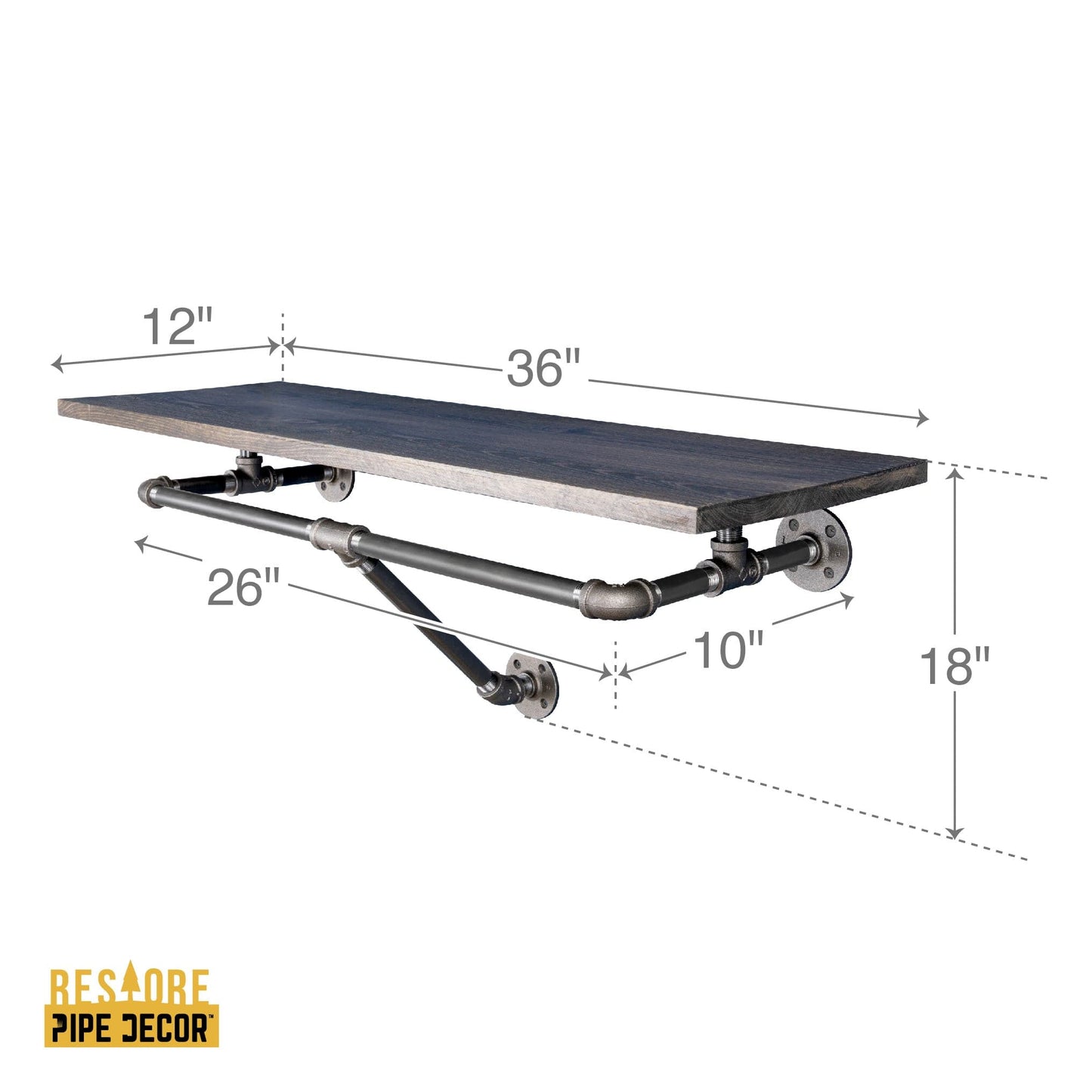 36 in. Wall Mounted Clothing Rack with Wood Shelf, Boulder Black PIPE DECOR