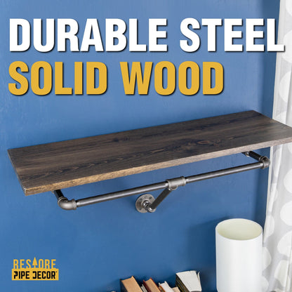 36 in. Wall Mounted Clothing Rack with Wood Shelf, Boulder Black PIPE DECOR