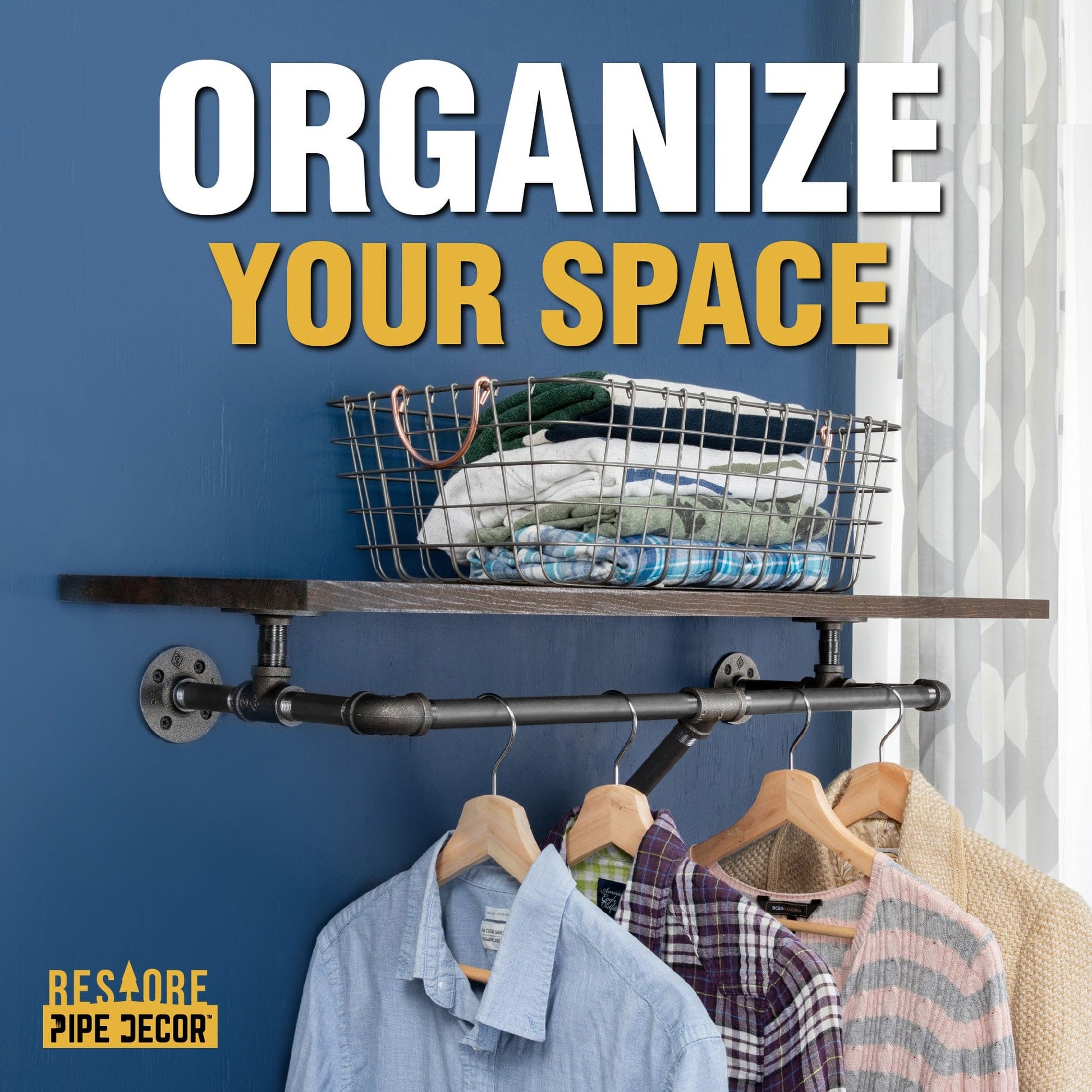 36 in. Wall Mounted Clothing Rack with Wood Shelf, Boulder Black PIPE DECOR