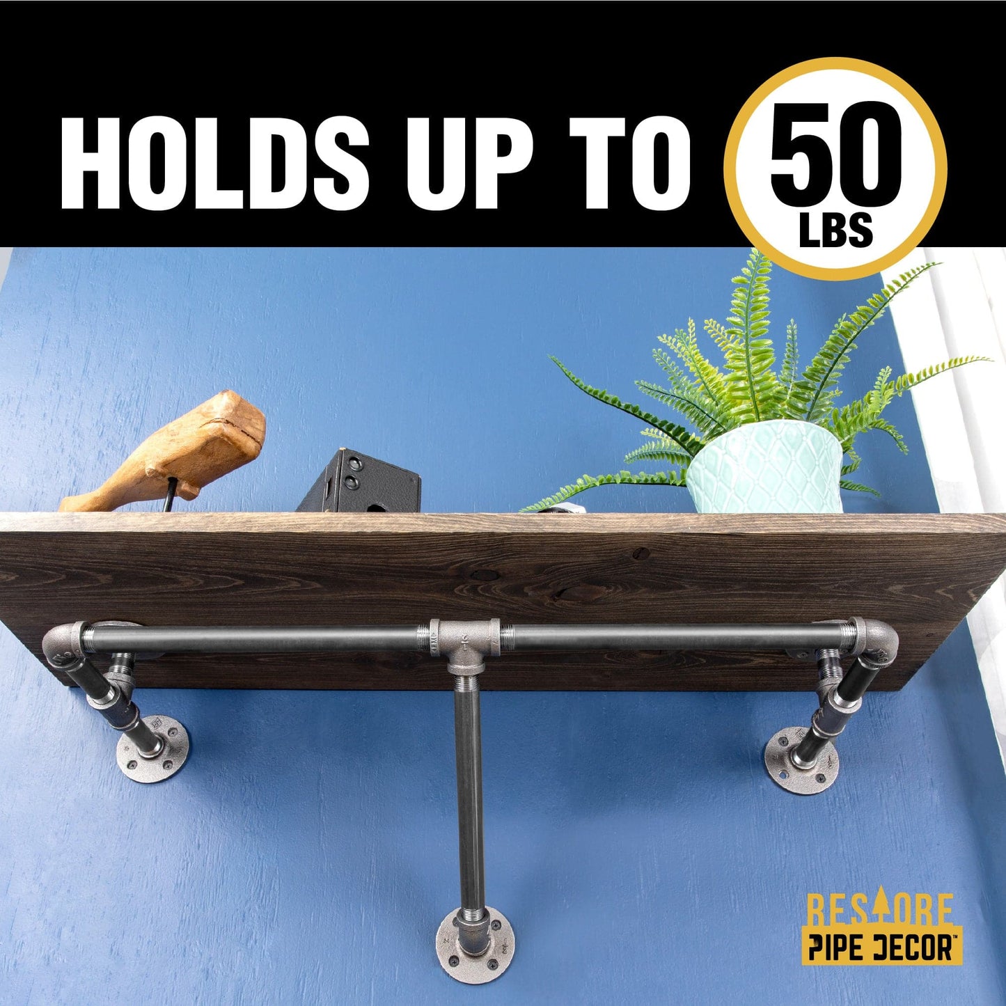 36 in. Wall Mounted Clothing Rack with Wood Shelf, Boulder Black PIPE DECOR