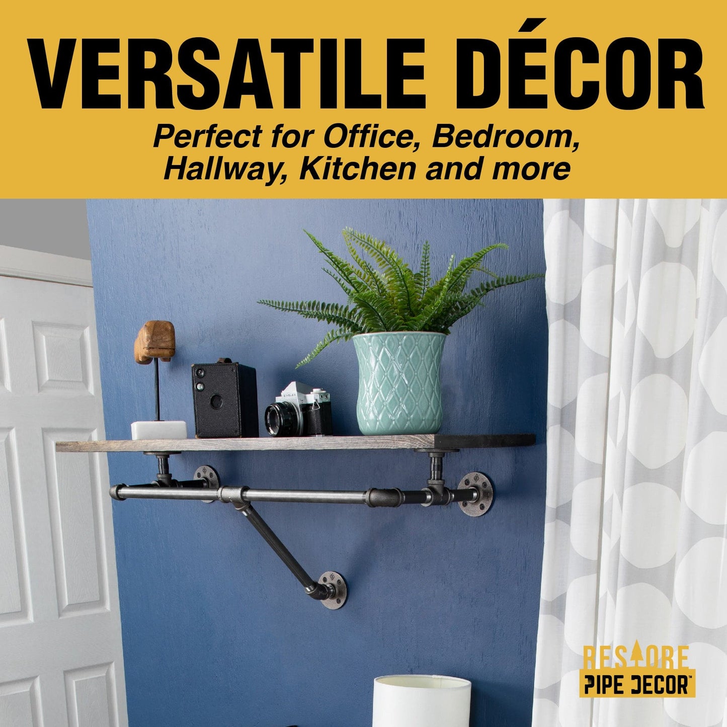 36 in. Wall Mounted Clothing Rack with Wood Shelf, Boulder Black PIPE DECOR