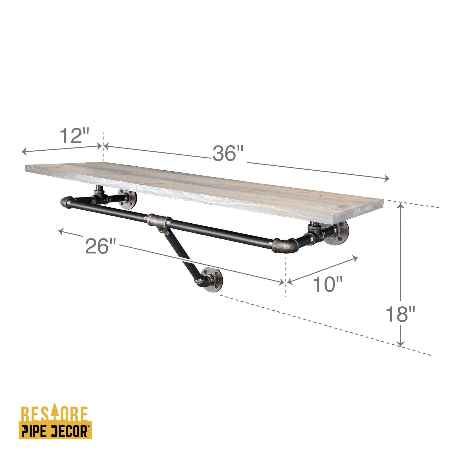 36 in. Wall Mounted Clothing Rack with Wood Shelf, Riverstone Grey PIPE DECOR