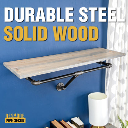 36 in. Wall Mounted Clothing Rack with Wood Shelf, Riverstone Grey PIPE DECOR