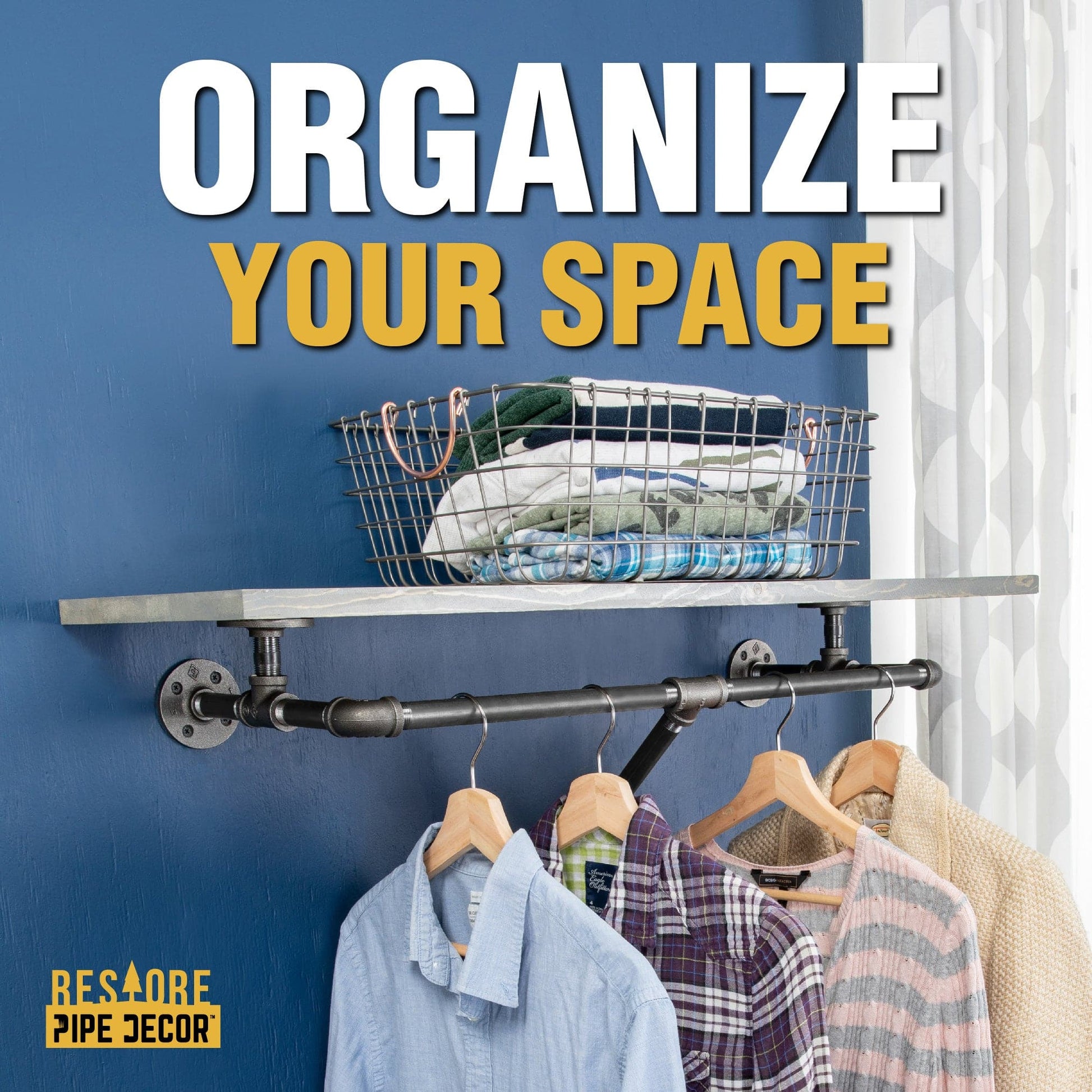 36 in. Wall Mounted Clothing Rack with Wood Shelf, Riverstone Grey PIPE DECOR