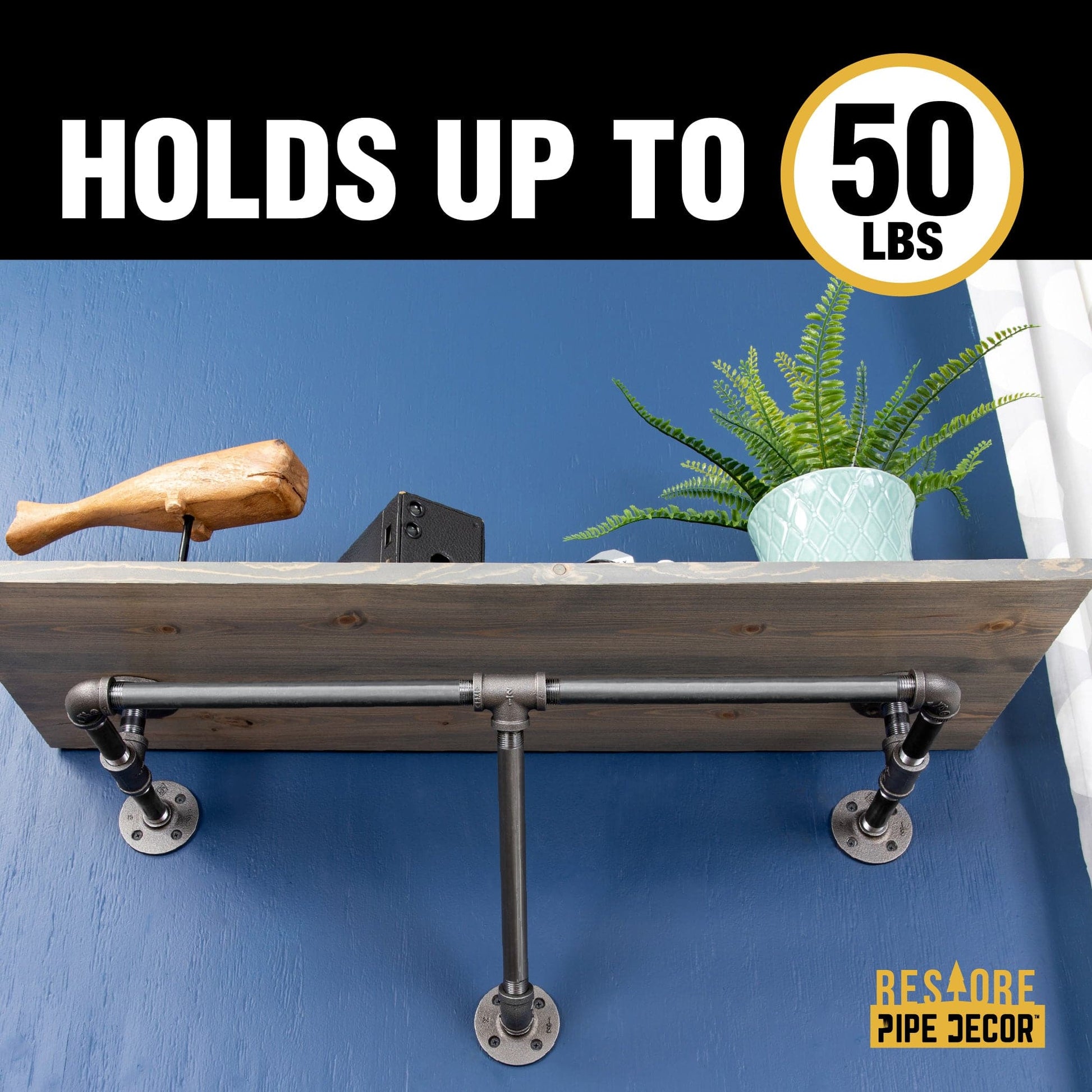 36 in. Wall Mounted Clothing Rack with Wood Shelf, Riverstone Grey PIPE DECOR