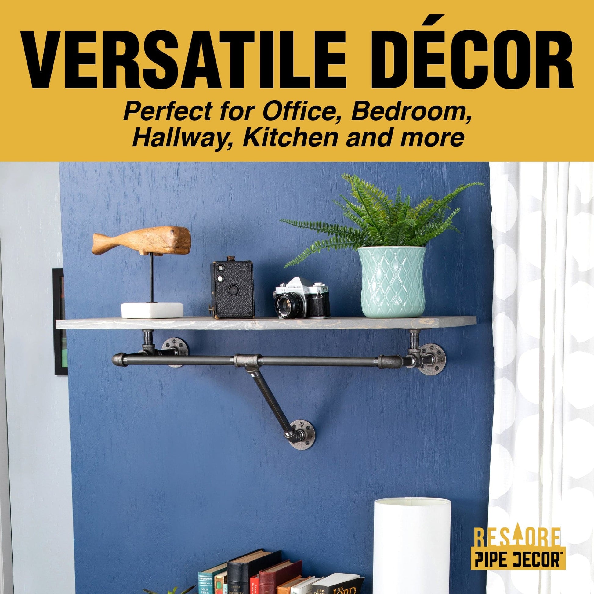 36 in. Wall Mounted Clothing Rack with Wood Shelf, Riverstone Grey PIPE DECOR