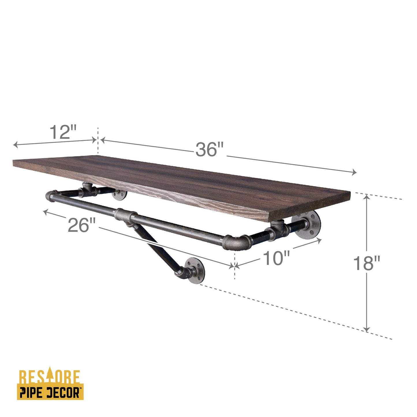 36 in. Wall Mounted Clothing Rack with Wood Shelf, Trail Brown PIPE DECOR