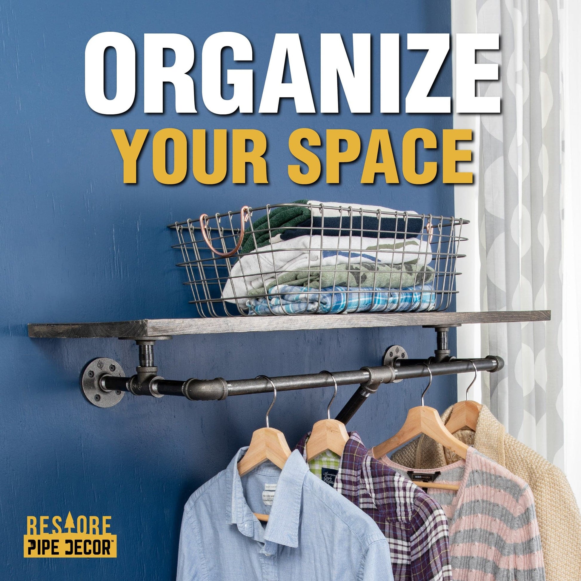 36 in. Wall Mounted Clothing Rack with Wood Shelf, Trail Brown PIPE DECOR