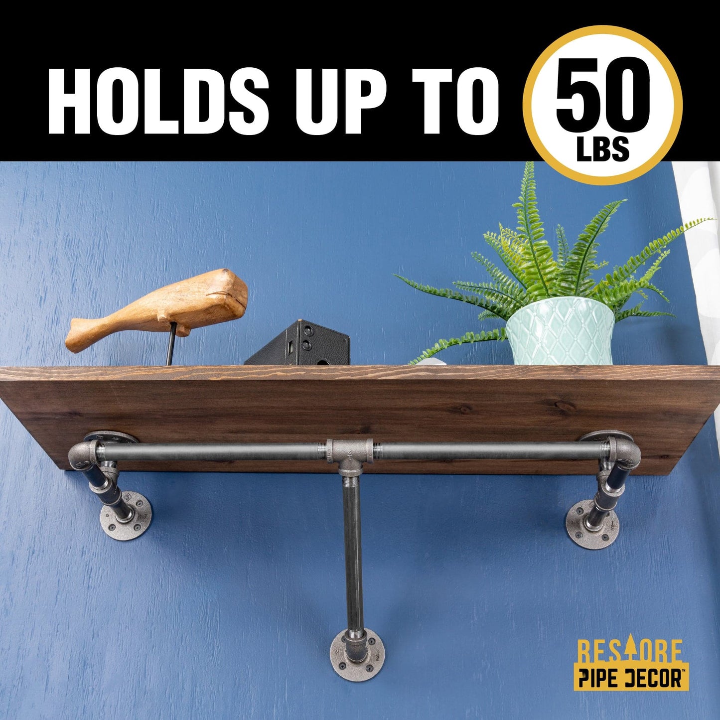 36 in. Wall Mounted Clothing Rack with Wood Shelf, Trail Brown PIPE DECOR