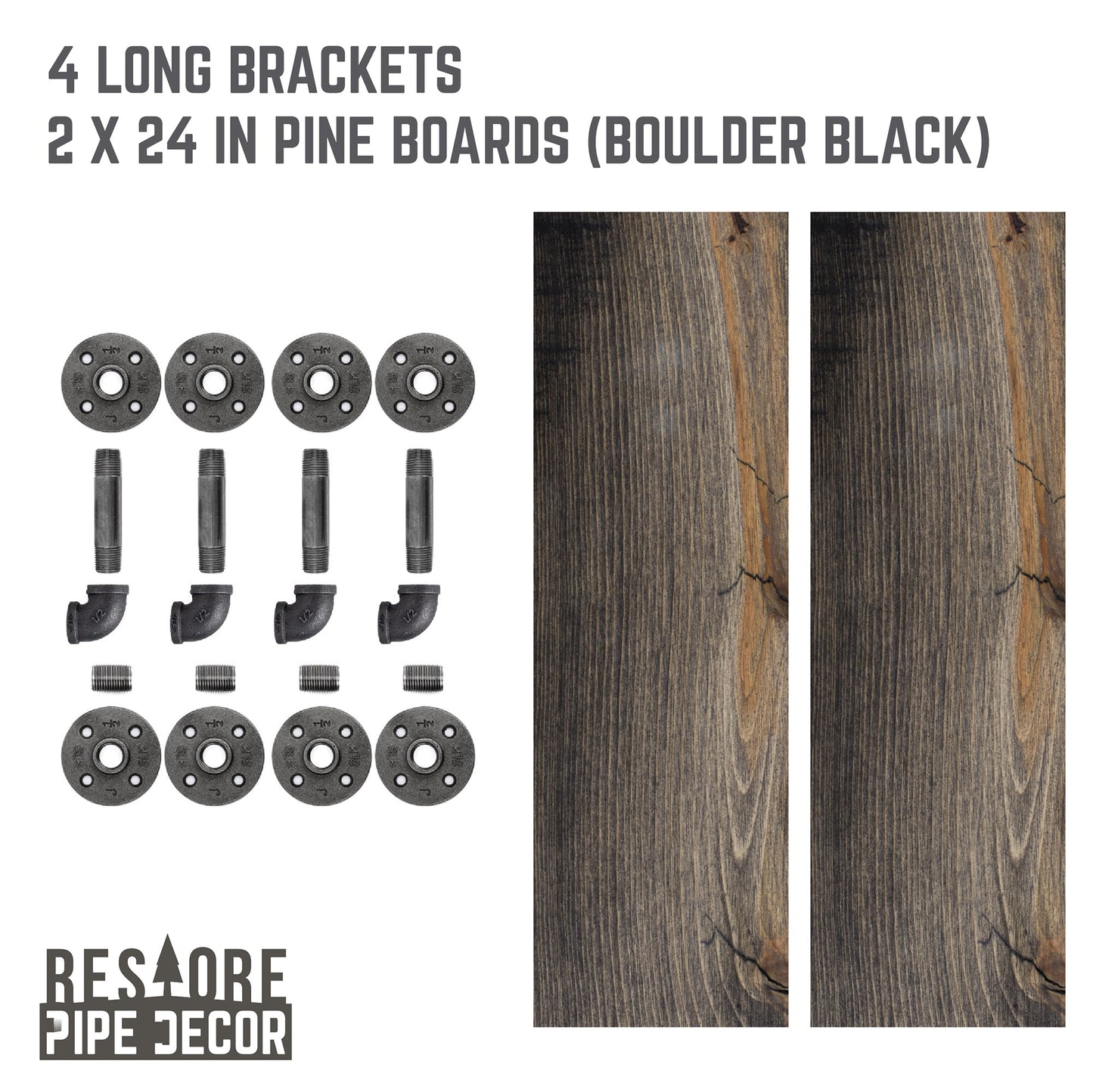 RESTORE Boulder Black 24 in. Shelves with L-Shaped Brackets PIPE DECOR
