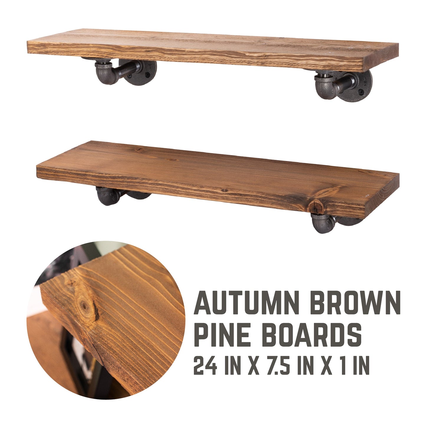 RESTORE Autumn Brown 24 in. Shelves with L-Shaped Brackets PIPE DECOR