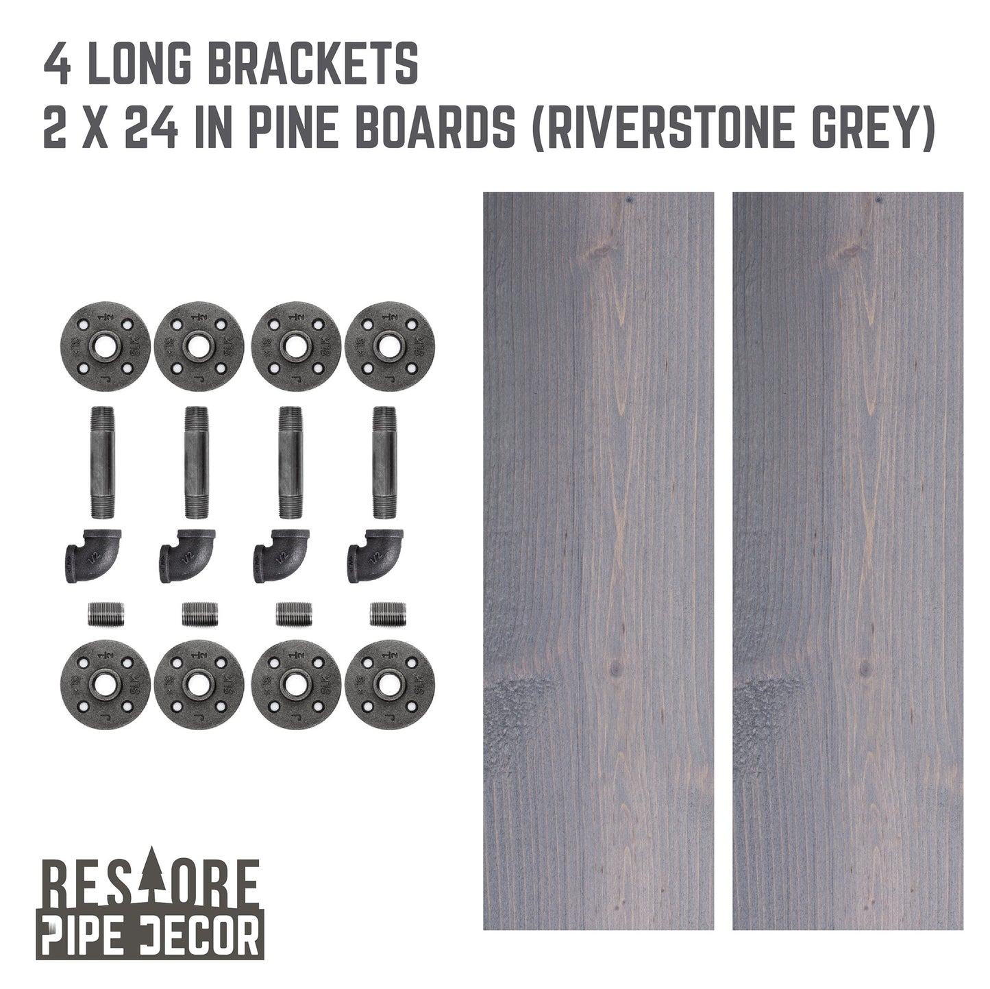RESTORE Riverstone Grey 24 in. Shelves with L-Shaped Brackets PIPE DECOR