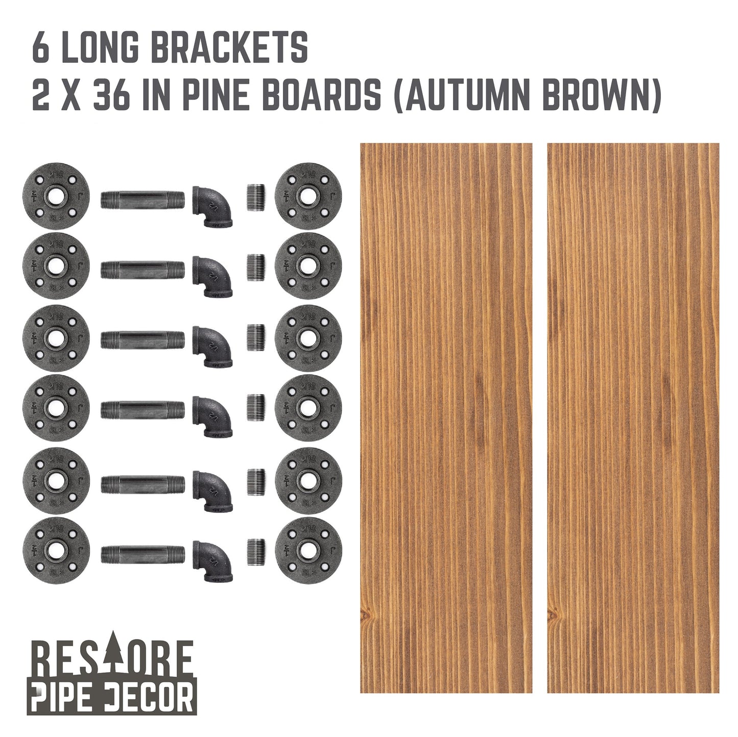 RESTORE Autumn Brown 36 in. Shelves with L-Shaped Brackets PIPE DECOR