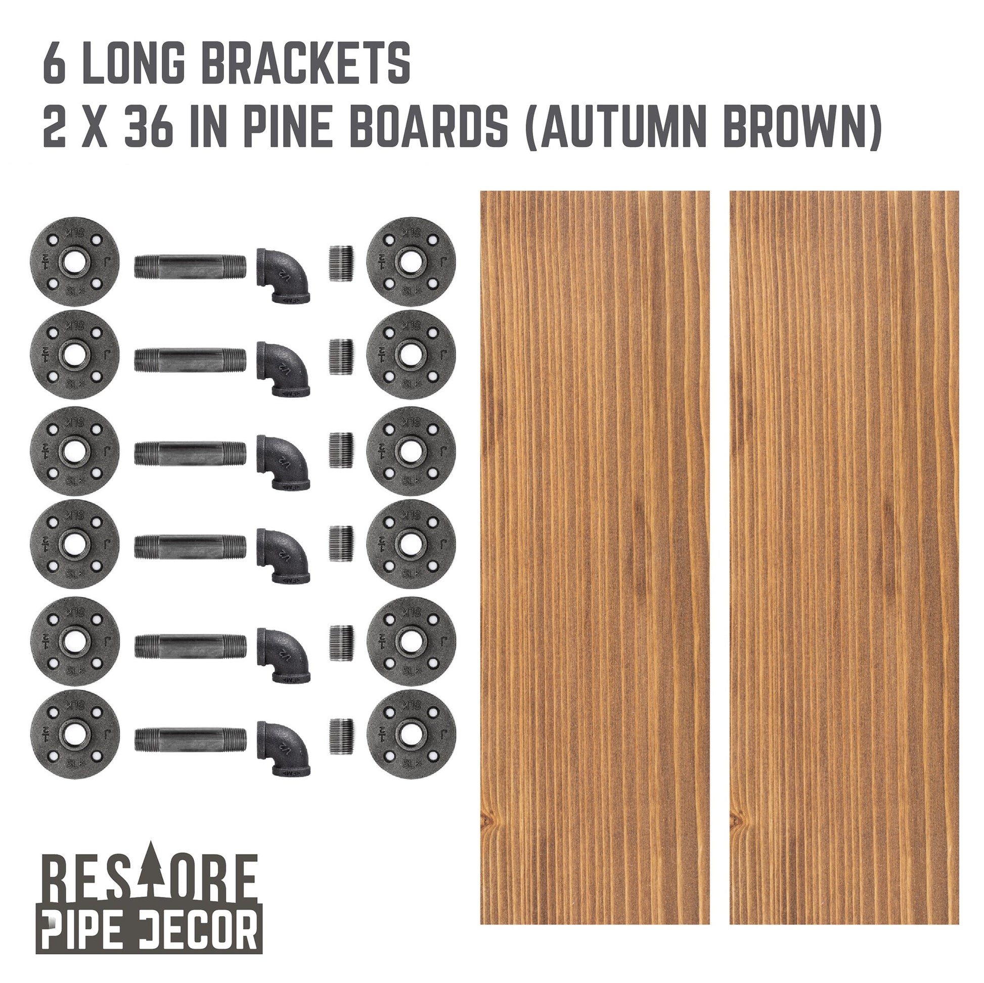 RESTORE Autumn Brown 36 in. Shelves with L-Shaped Brackets PIPE DECOR