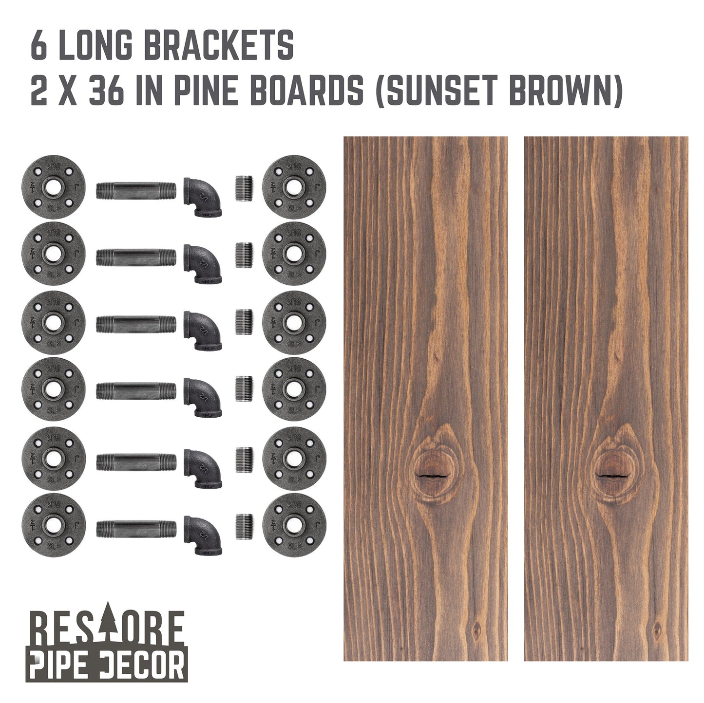 RESTORE Sunset Brown 36 in. Shelves with L-Shaped Brackets PIPE DECOR