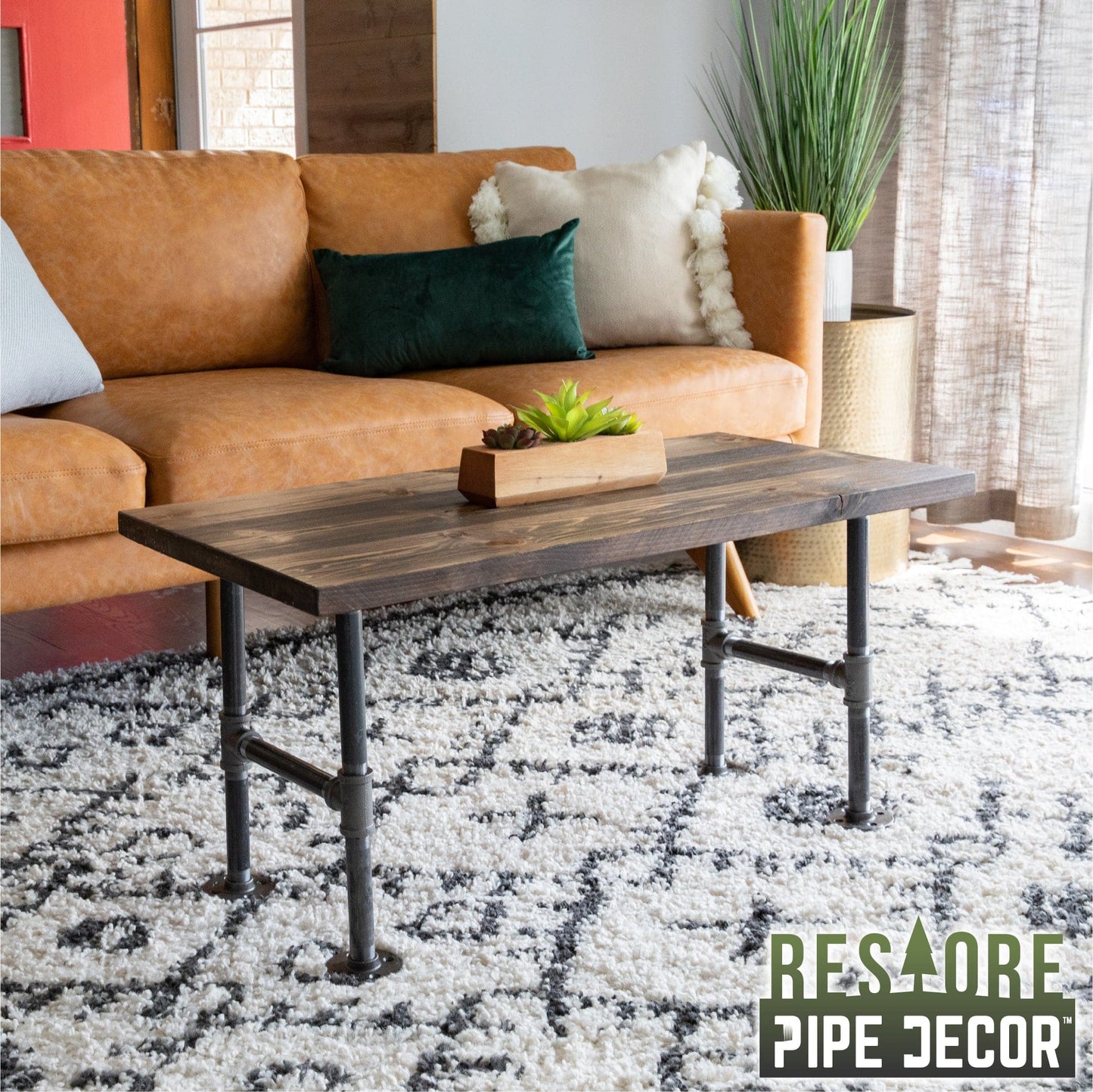 RESTORE Trail Brown Solid Wood Coffee Table PIPE DECOR