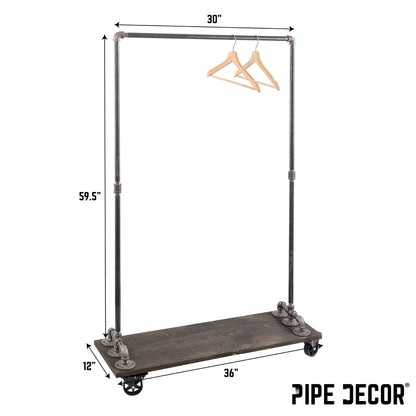 59 ½ in. Rolling Single Rod Clothing Rack with Wood Shelf, Boulder Black PIPE DECOR