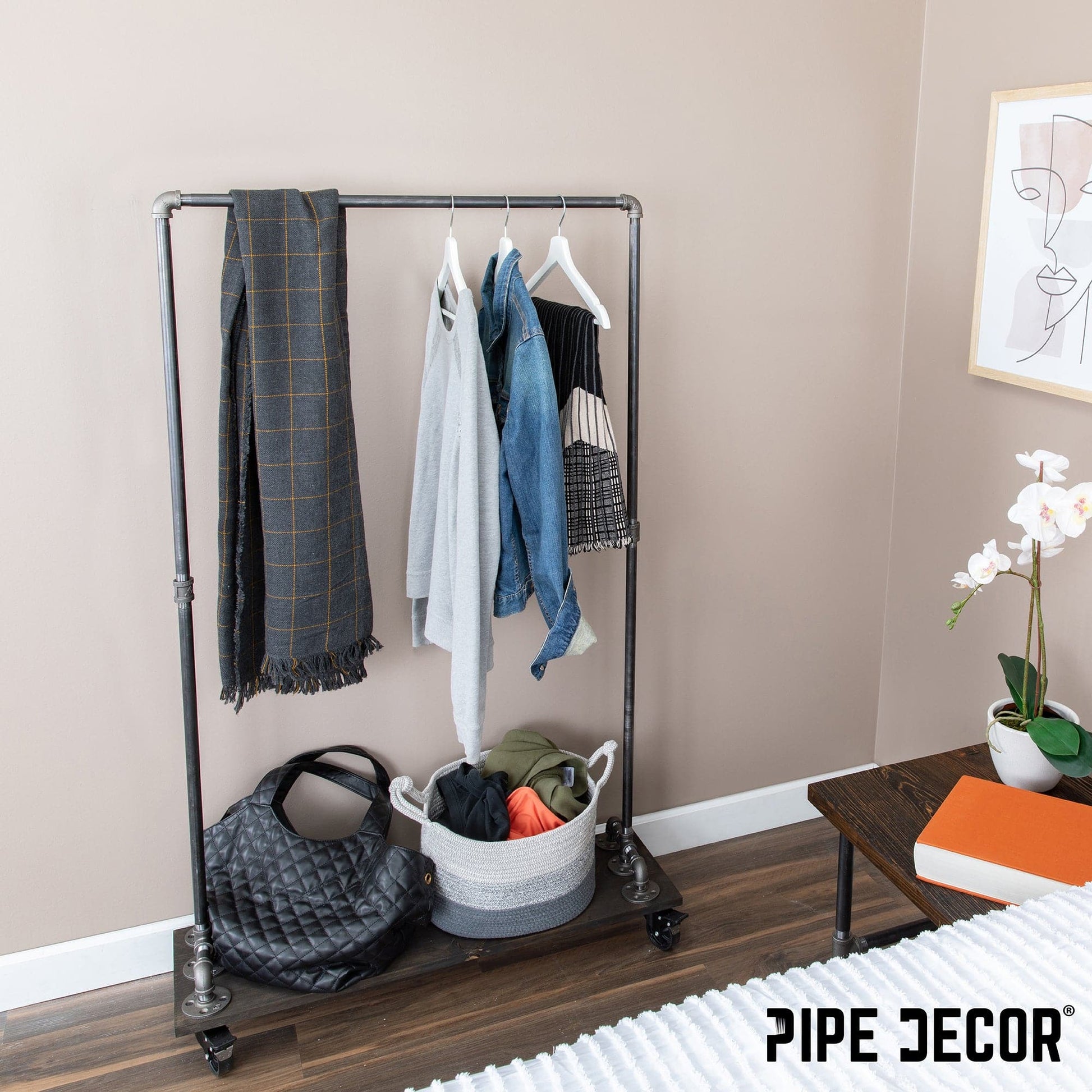 59 ½ in. Rolling Single Rod Clothing Rack with Wood Shelf, Boulder Black PIPE DECOR