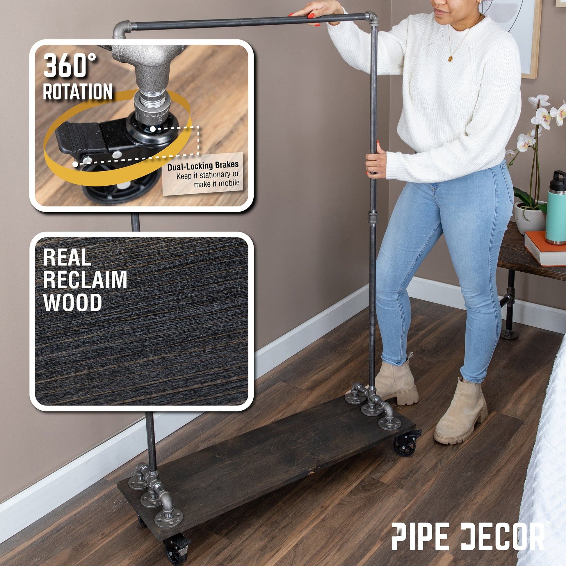 59 ½ in. Rolling Single Rod Clothing Rack with Wood Shelf, Boulder Black PIPE DECOR