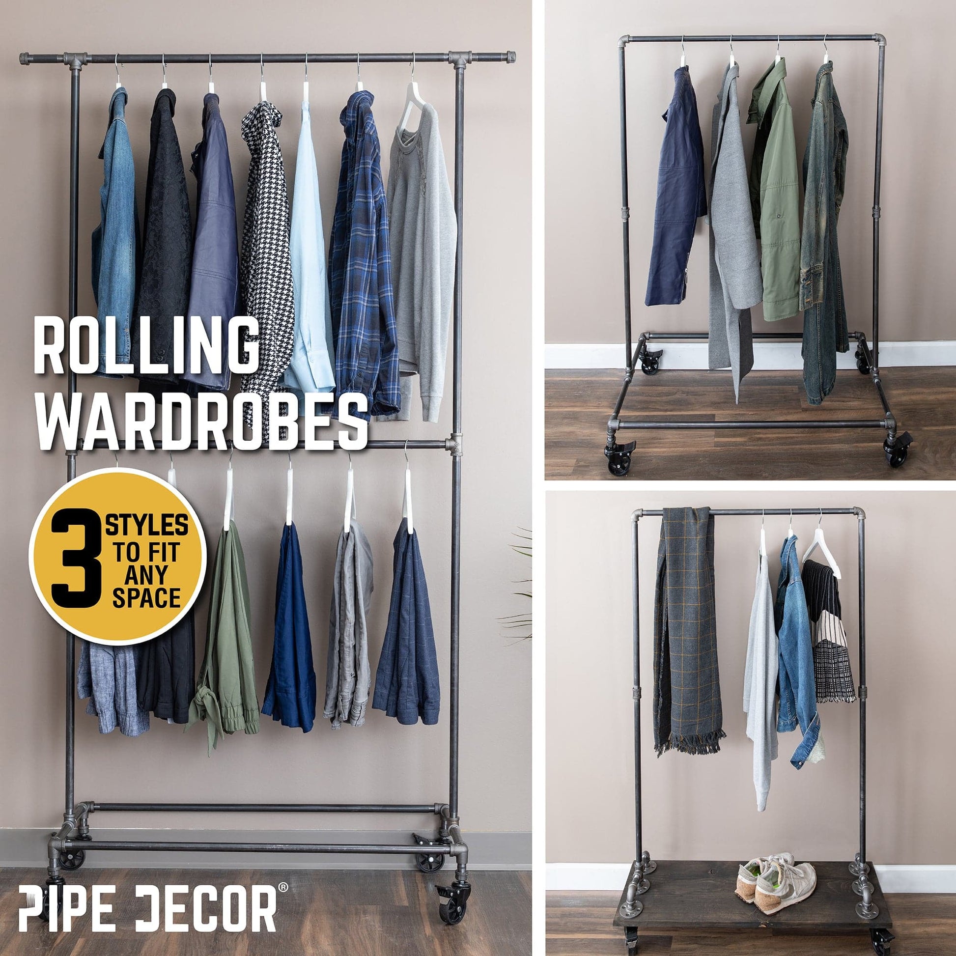 59 ½ in. Rolling Single Rod Clothing Rack with Wood Shelf, Boulder Black PIPE DECOR