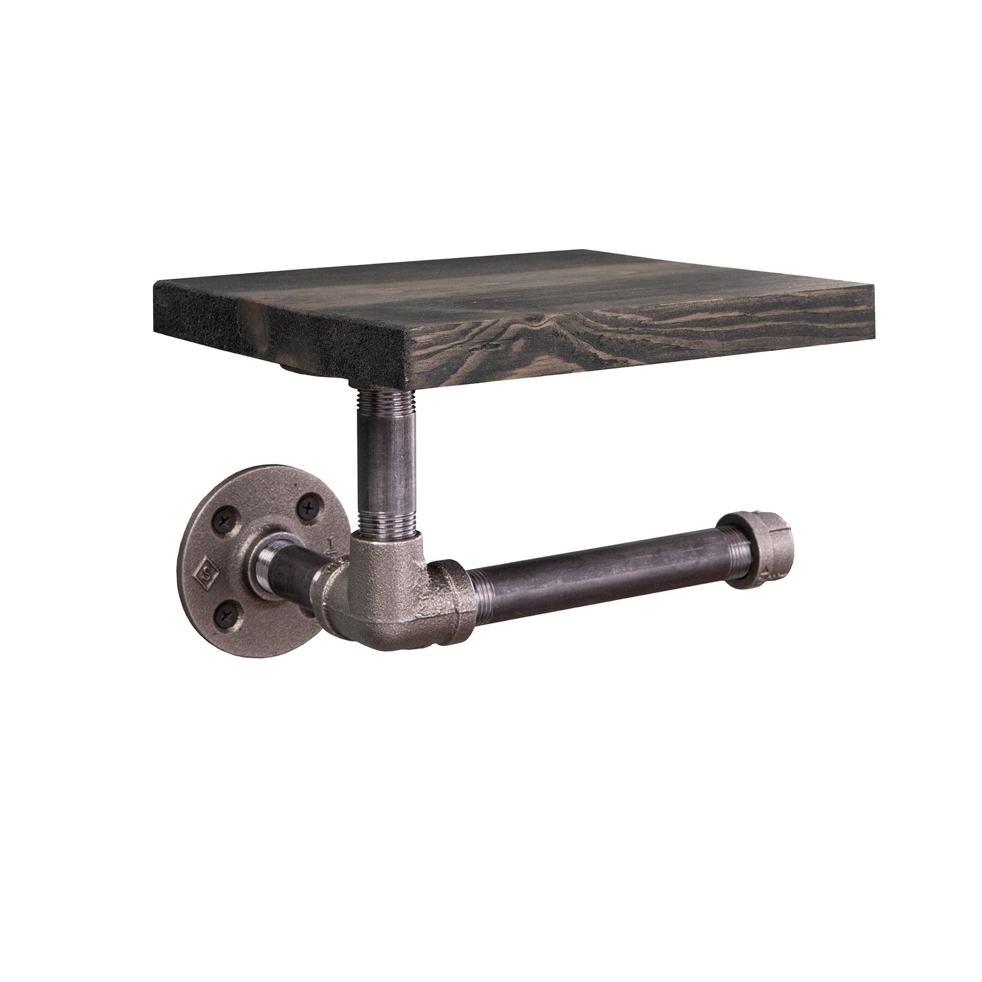 6 in. Wall-Mounted Pipe Toilet Paper Holder with Wood Shelf, Boulder Black PIPE DECOR