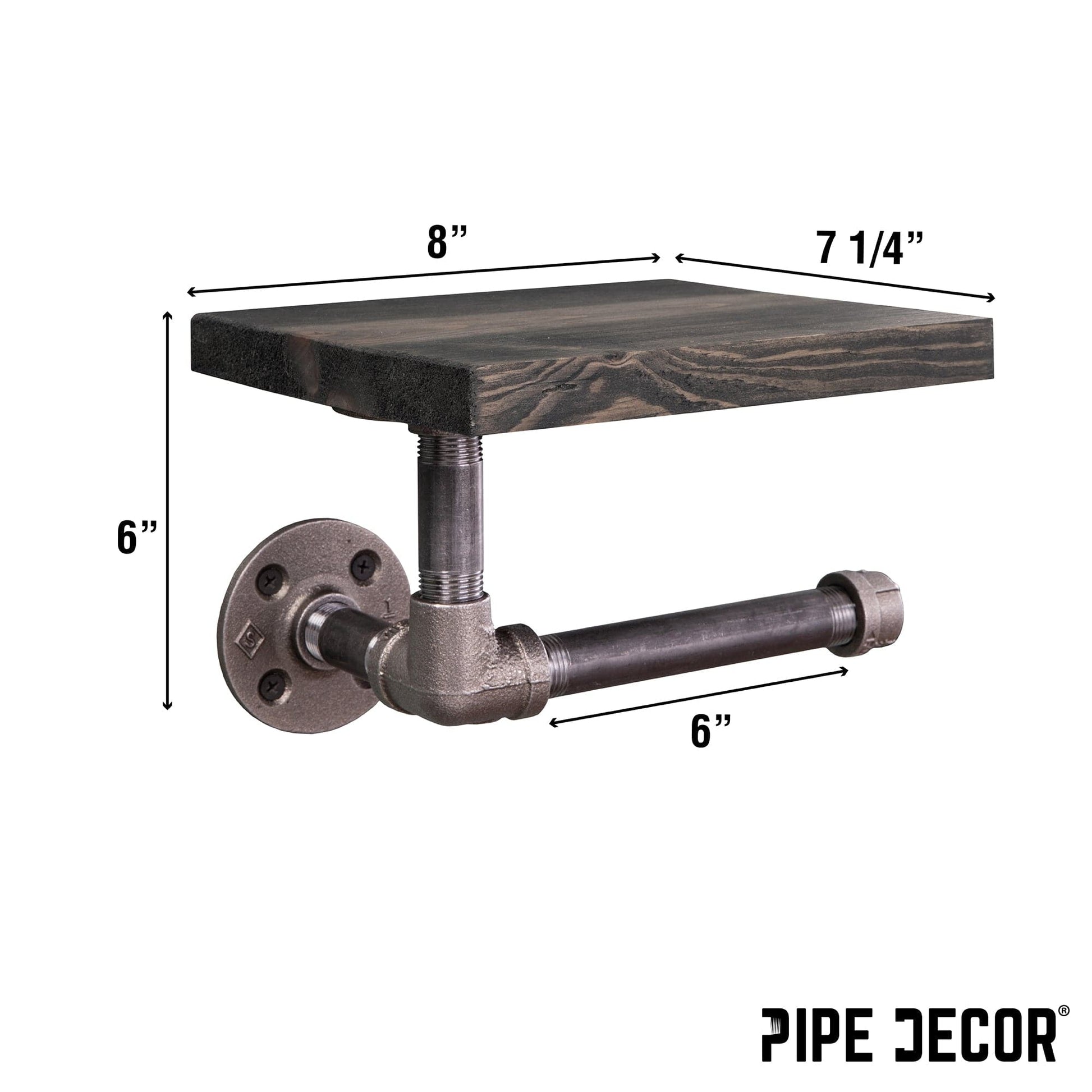 6 in. Wall-Mounted Pipe Toilet Paper Holder with Wood Shelf, Boulder Black PIPE DECOR